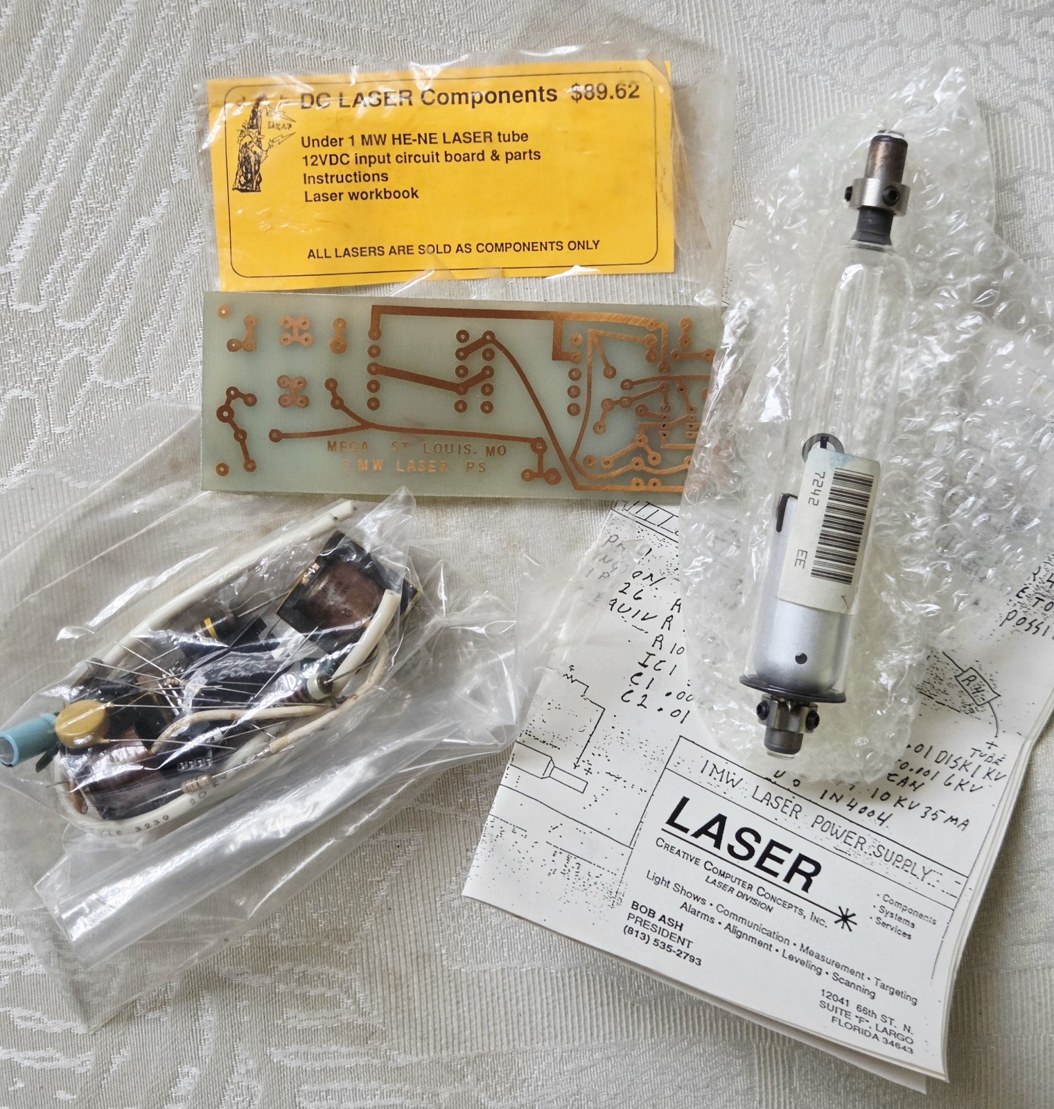 NOS Melles Griot Vintage 1mW HeNe Helium Neon Laser Tube Kit 12VDC Power Supply