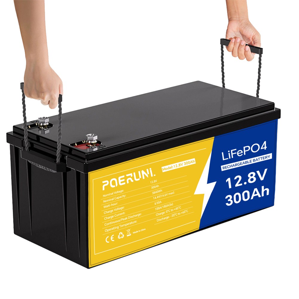 POERUNI 12V 300Ah LiFePO4 Battery 4000+ Deep Cycles 3840Wh 200A BMS for RV Solar