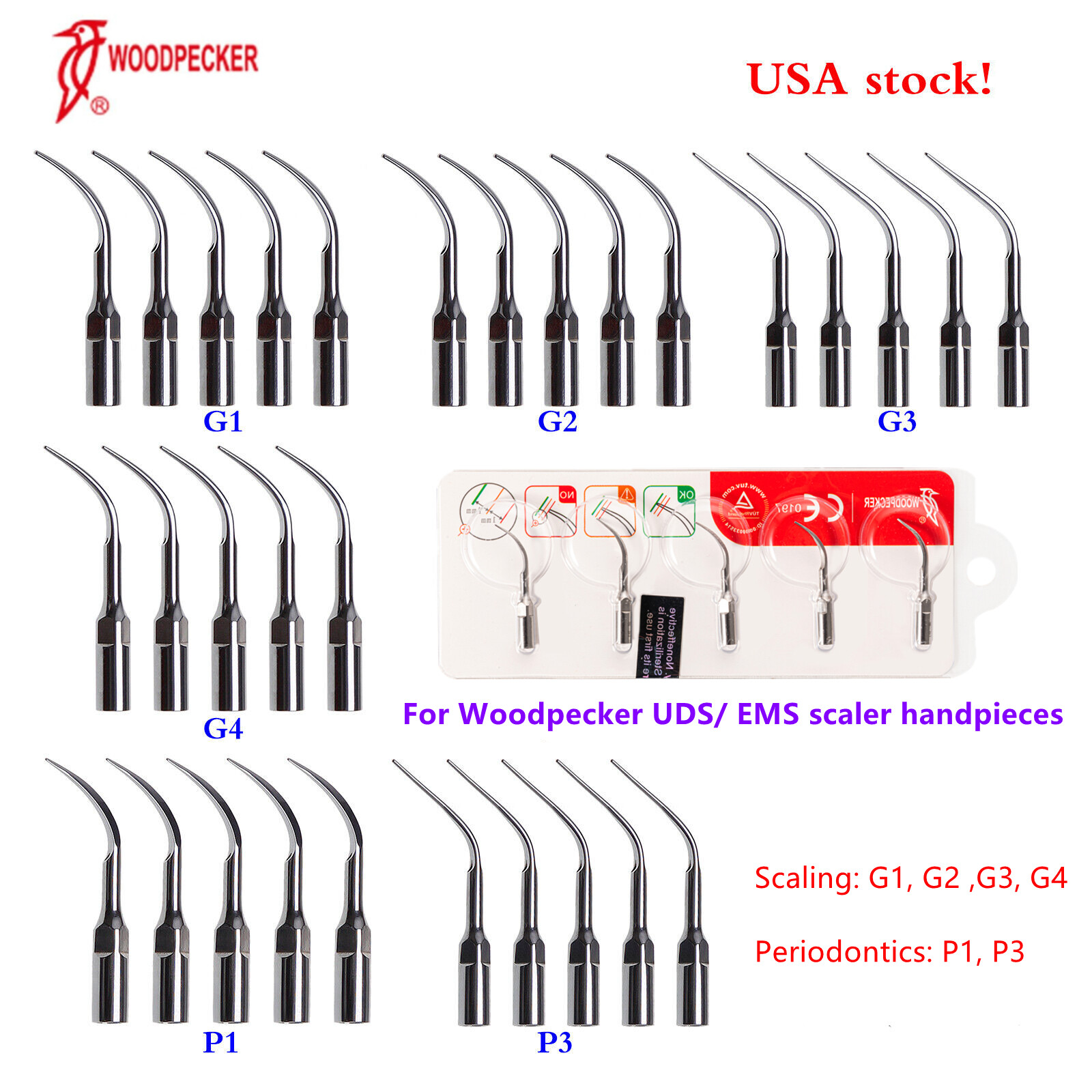 5PCS Woodpecker Ultrasonic Scaler Endo Perio Tips fit UDS-E UDS-P/ UDS J2 EMS