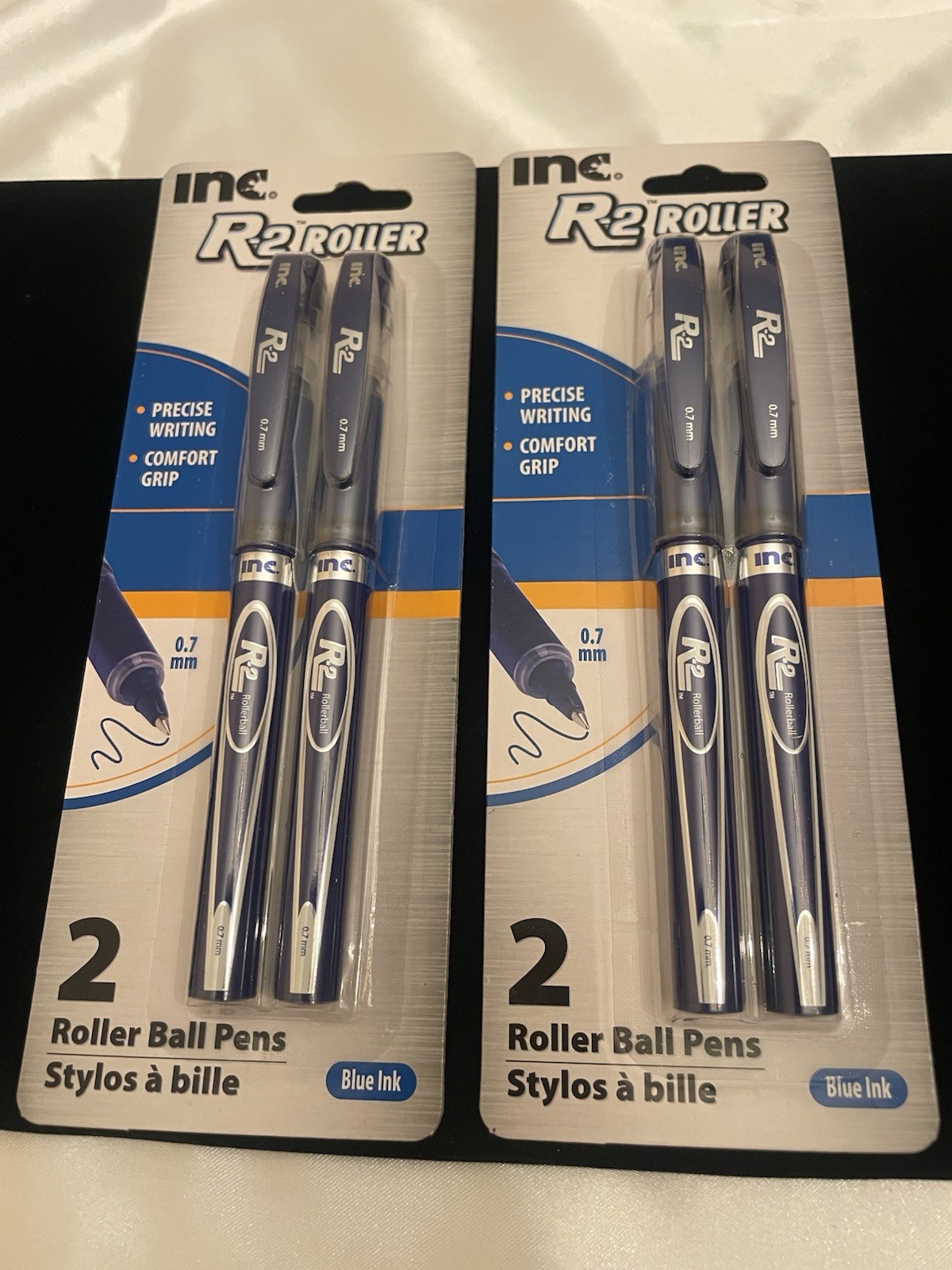 2 PACKS 4 PENS INC® R-2™ Precise Writing Comfort Grip ROLLER BALL PENS Blue