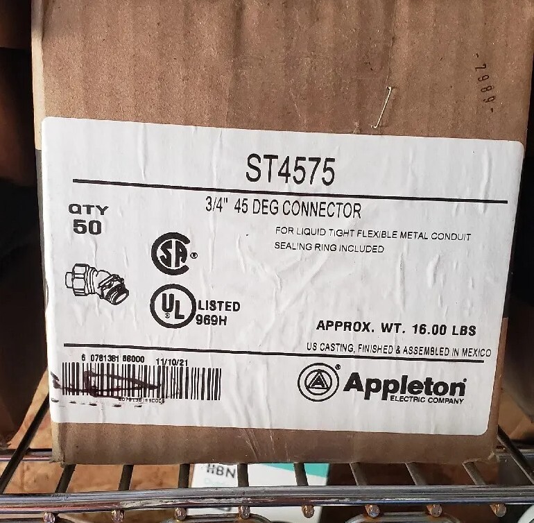 box of 50 – Appleton ST-4575 3/4″ Flexible Conduit Connector Fitting