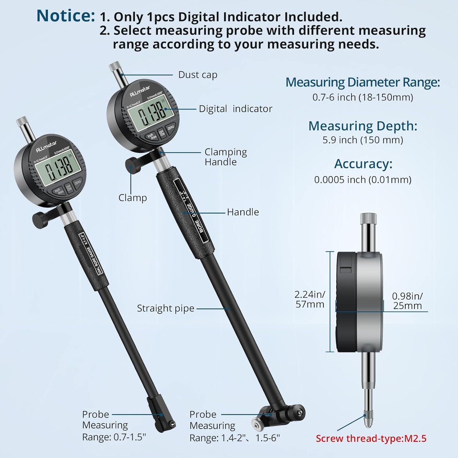 Digital Dial Bore Indicator 0.7″-6″ 0.0005″ Engine Internal Cylinder Gauge Tool