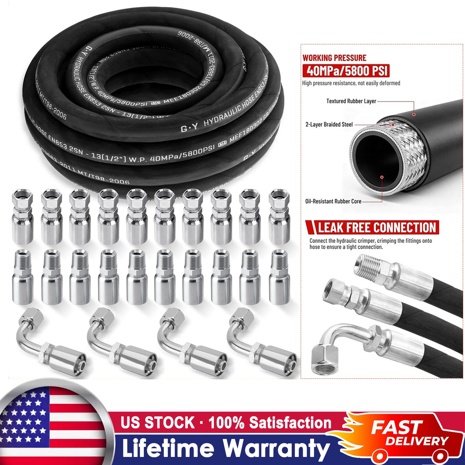 100 Feet 1/2″ HYDRAULIC HOSE WITH 24 FITTINGS TWO WIRE HOSE 40MPa / 5800 PSI NEW