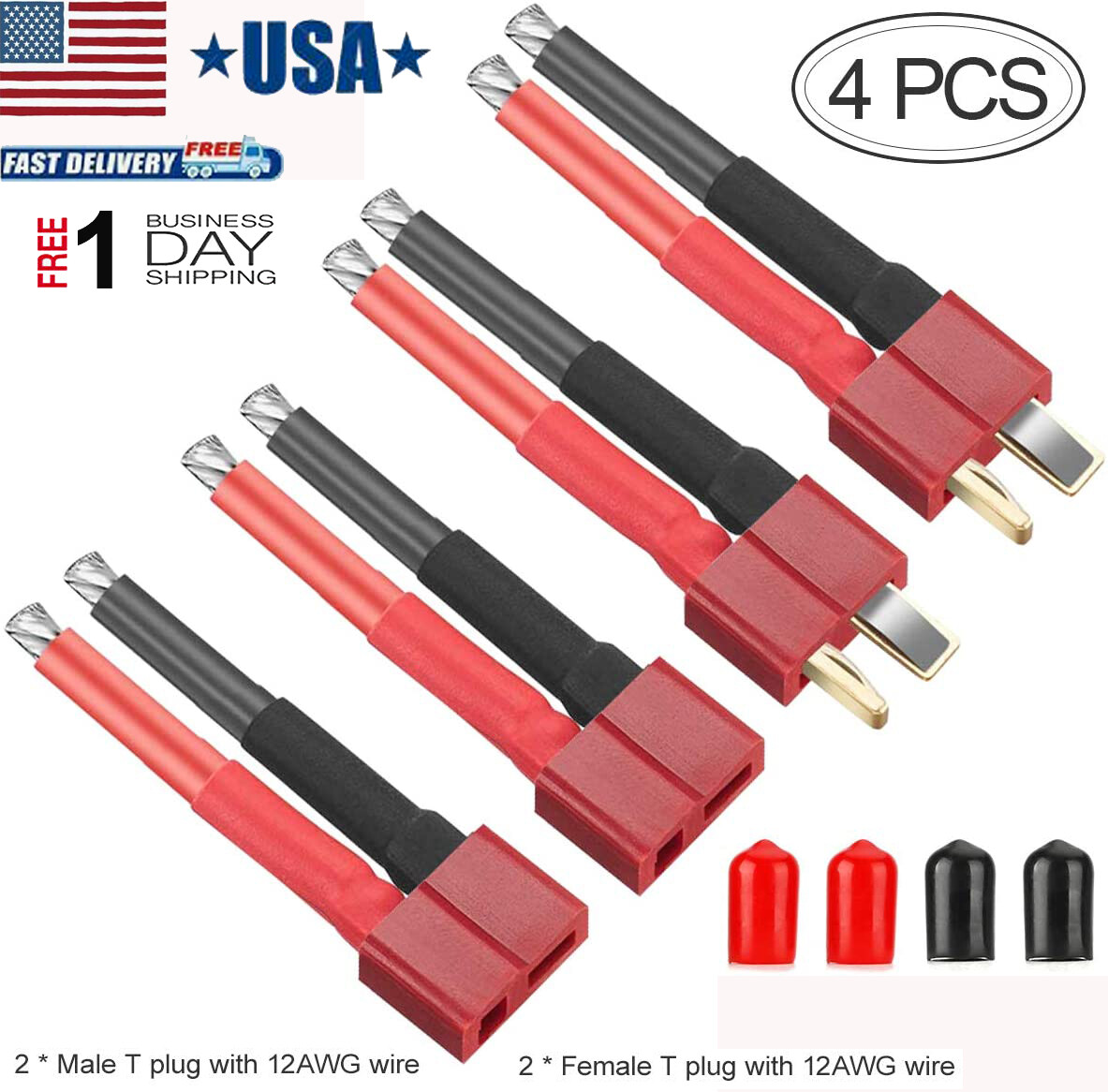 4PCS Deans Style T Plug Female Male Connector Adapter 12AWG Wire for RC Battery