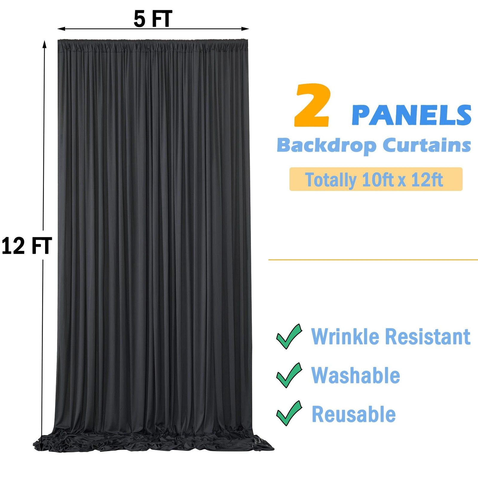 12ft x 10ft Black Backdrop Curtains for Parties, Wrinkle Free 2 Panels Photo …