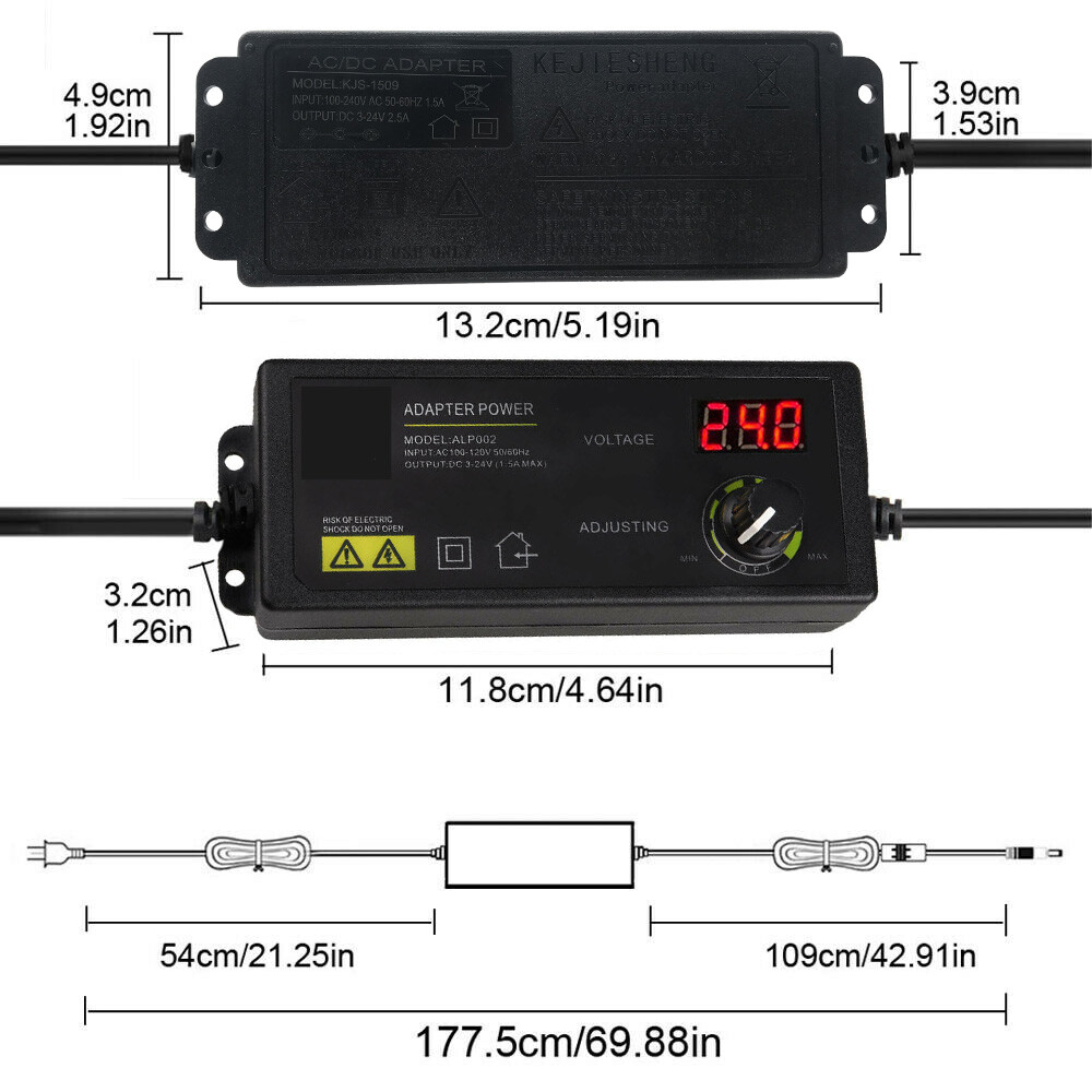 60W Adjustable Voltage 3 to 24V AC/DC Switch Power Supply Adapter 9 Plugs LED