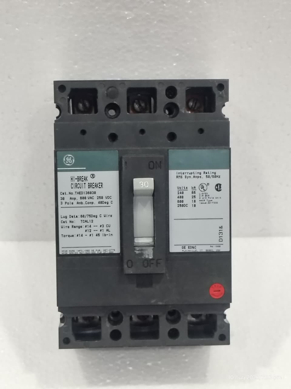 GE THED136030 30a 30 Amp 3 Pole 600v Hi-Break Circuit Breaker General Electric