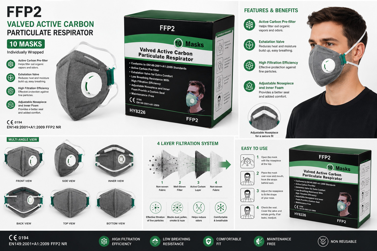 (10 Pack) FFP2 Valved Active Carbon Face Mask Respirator Dust Smoke Protection