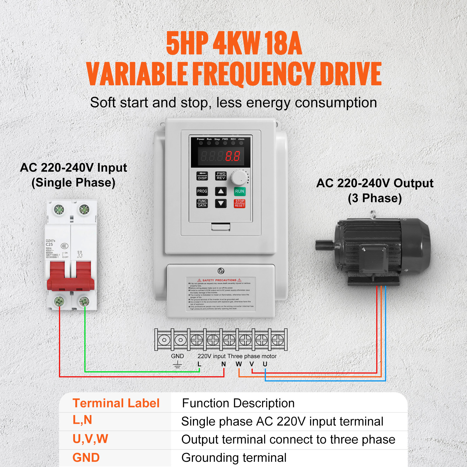 5HP 4KW 220V Variable Frequency Drive VFD for 3-Phase Motor Speed Control