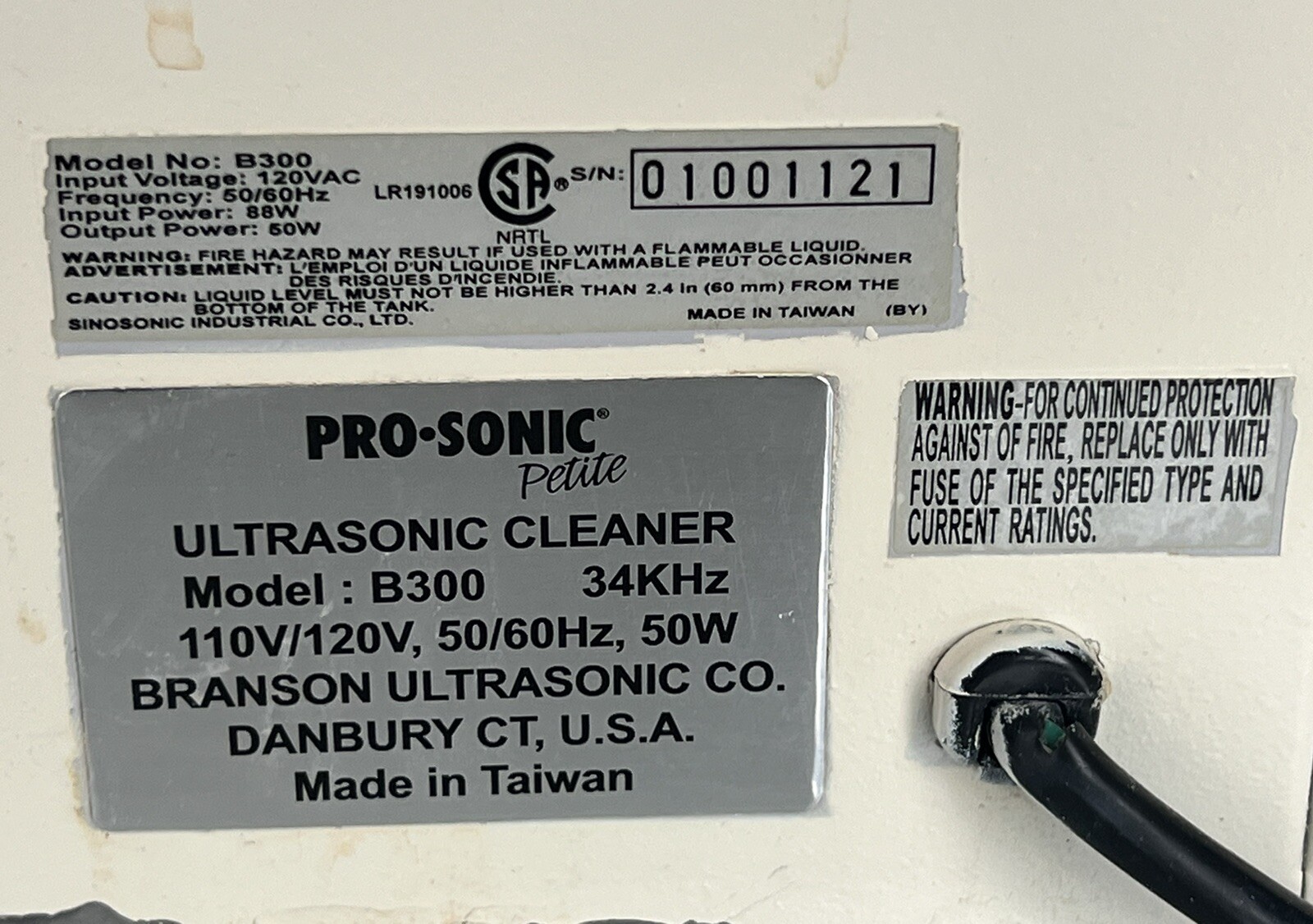 BRANSON PROSONIC Ultrasonic Cleaner Model: B300