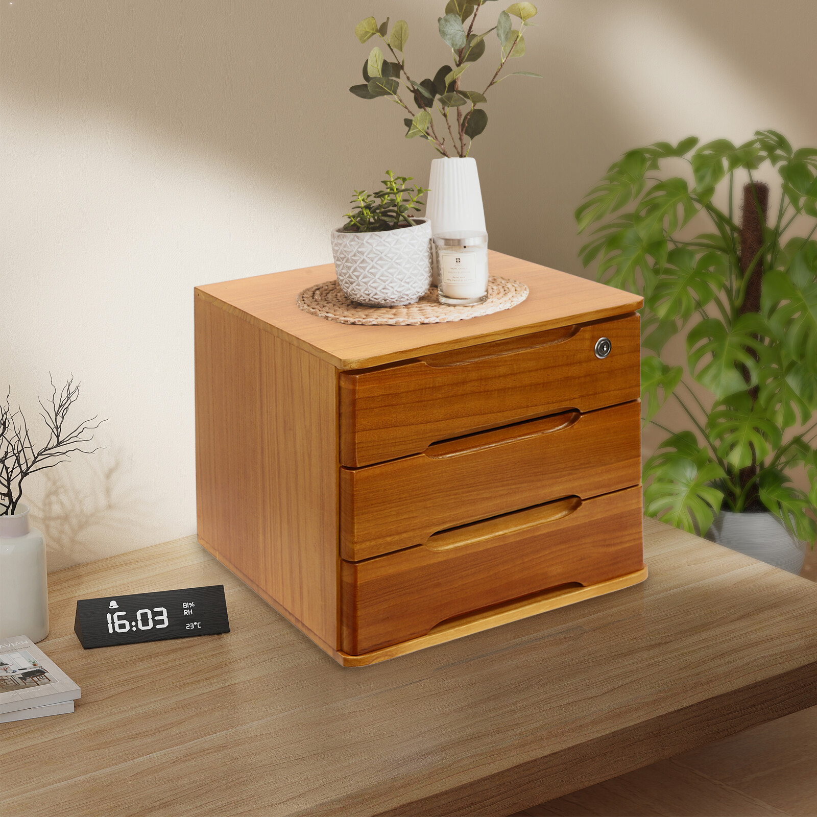 Wooden Desktop Storage Box 3-Tier Desk Organizer w/ Lockable Drawers 30kg max.
