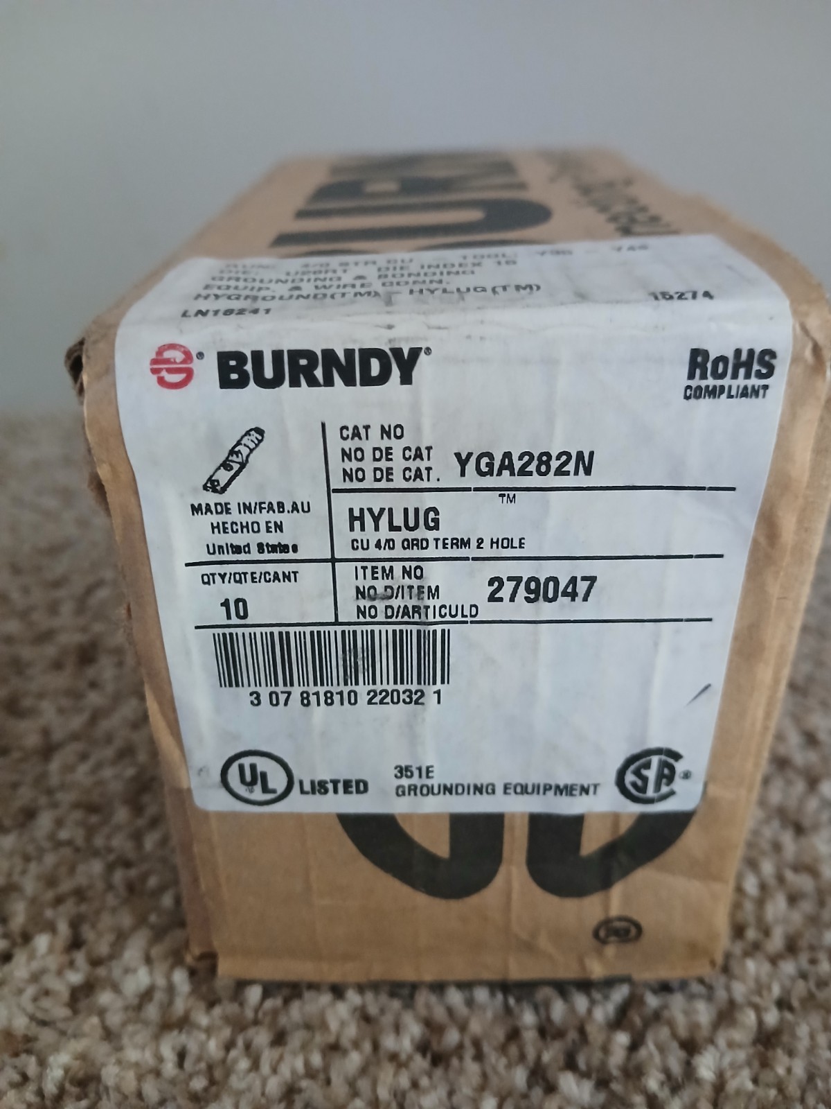 1 Pack Burndy YGA282N Cu Compression Lugs 4/0 AWG 2-Hole 1/2″ Stud 1-3/4″ Spaci