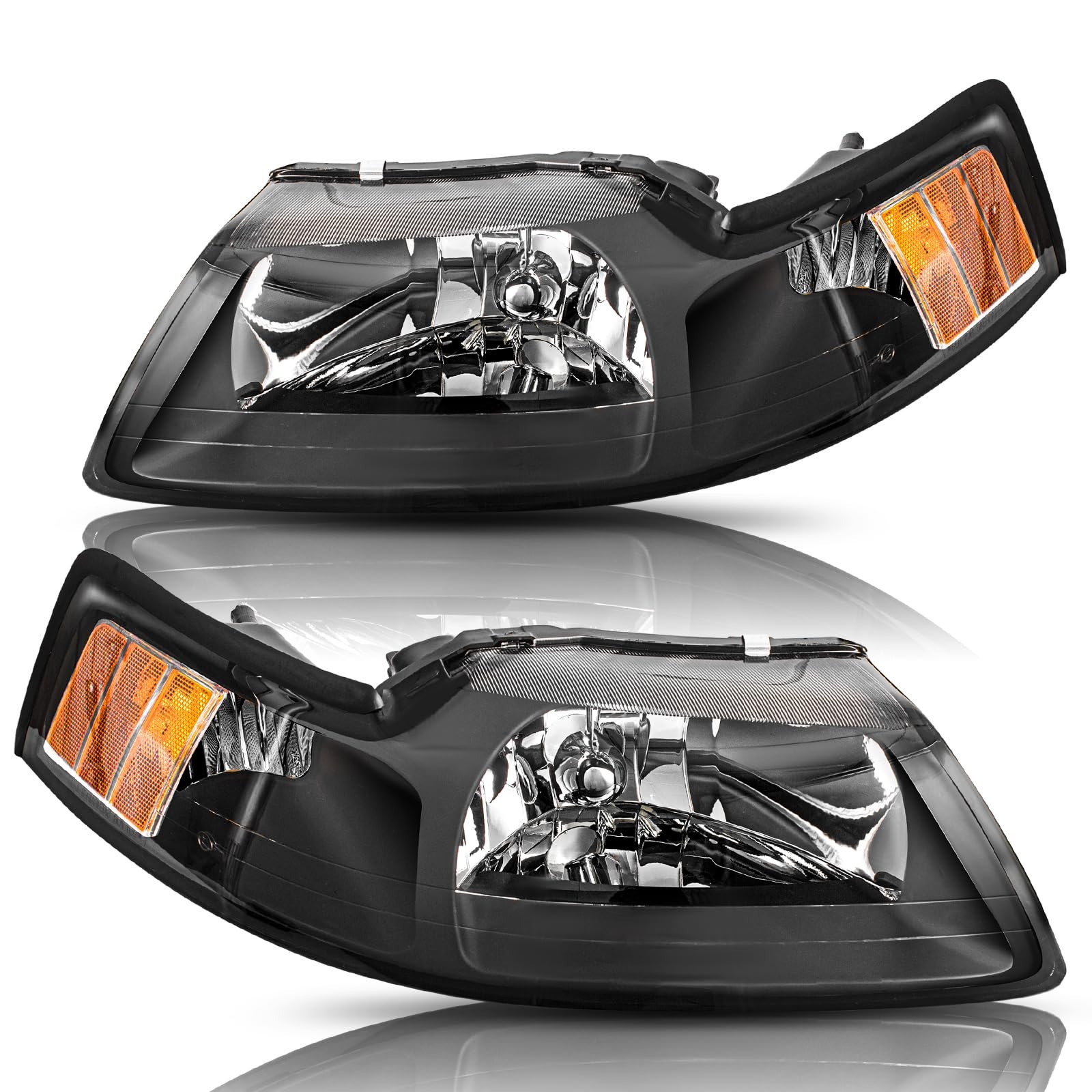 1999-2004 Ford Mustang Headlight Assembly Pair Black Housing Amber Reflector