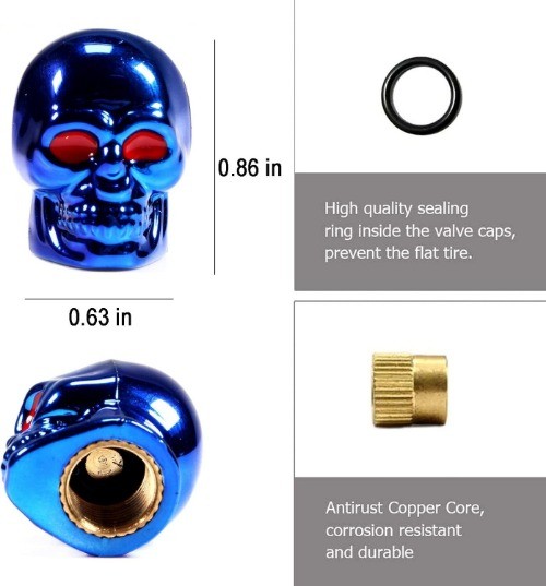 Skull Style Tire Valve Stem Caps Antirust Copper Core, Red Eyes wi Color: Blue