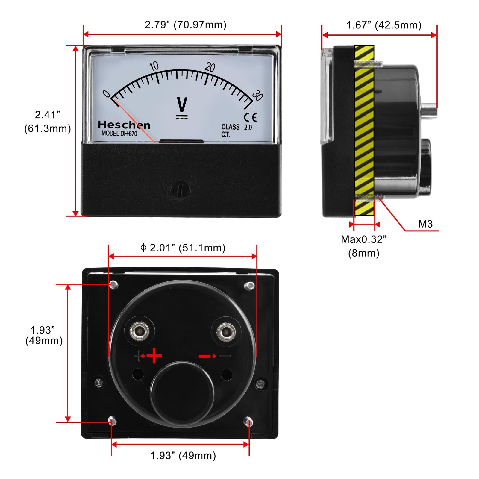 DC 030V Class 2.0 Voltmeter, 70x60mm Panel Size, DH670DC30V, Voltage Tester