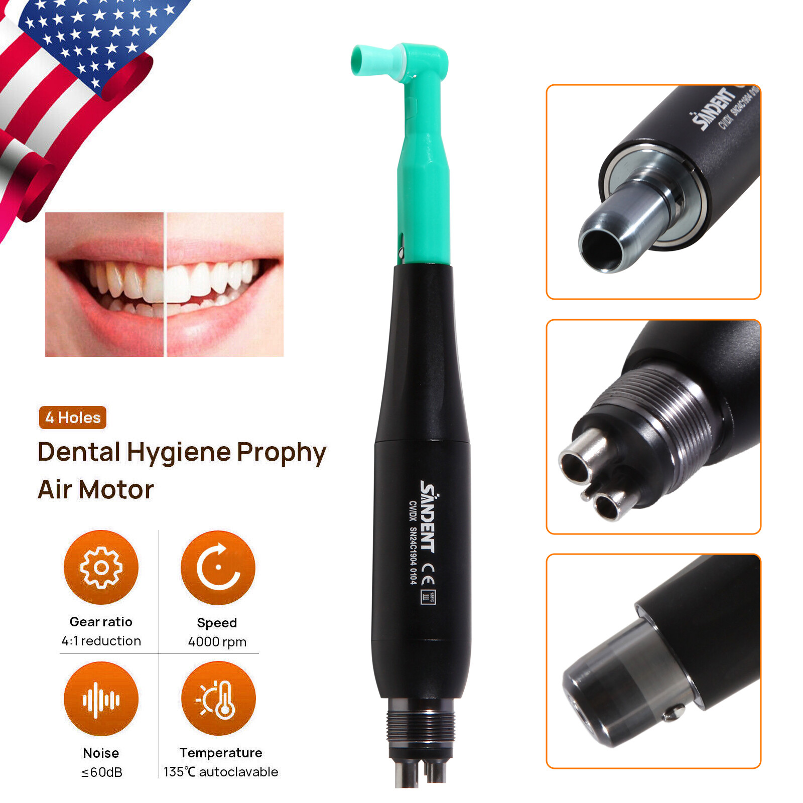 SANDENT 4:1 Reduction Hygiene Prophy Handpiece Air Motor 4Holes & Nose Cone