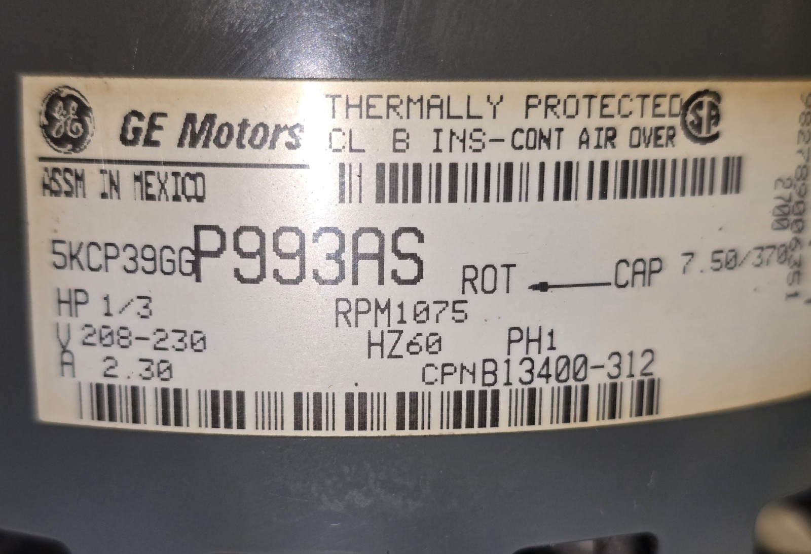GE 5KCP39GGP993AS Blower Motor B13400312 1/3HP 208/230V 1075 RPM.TESTED.M/MEXICO