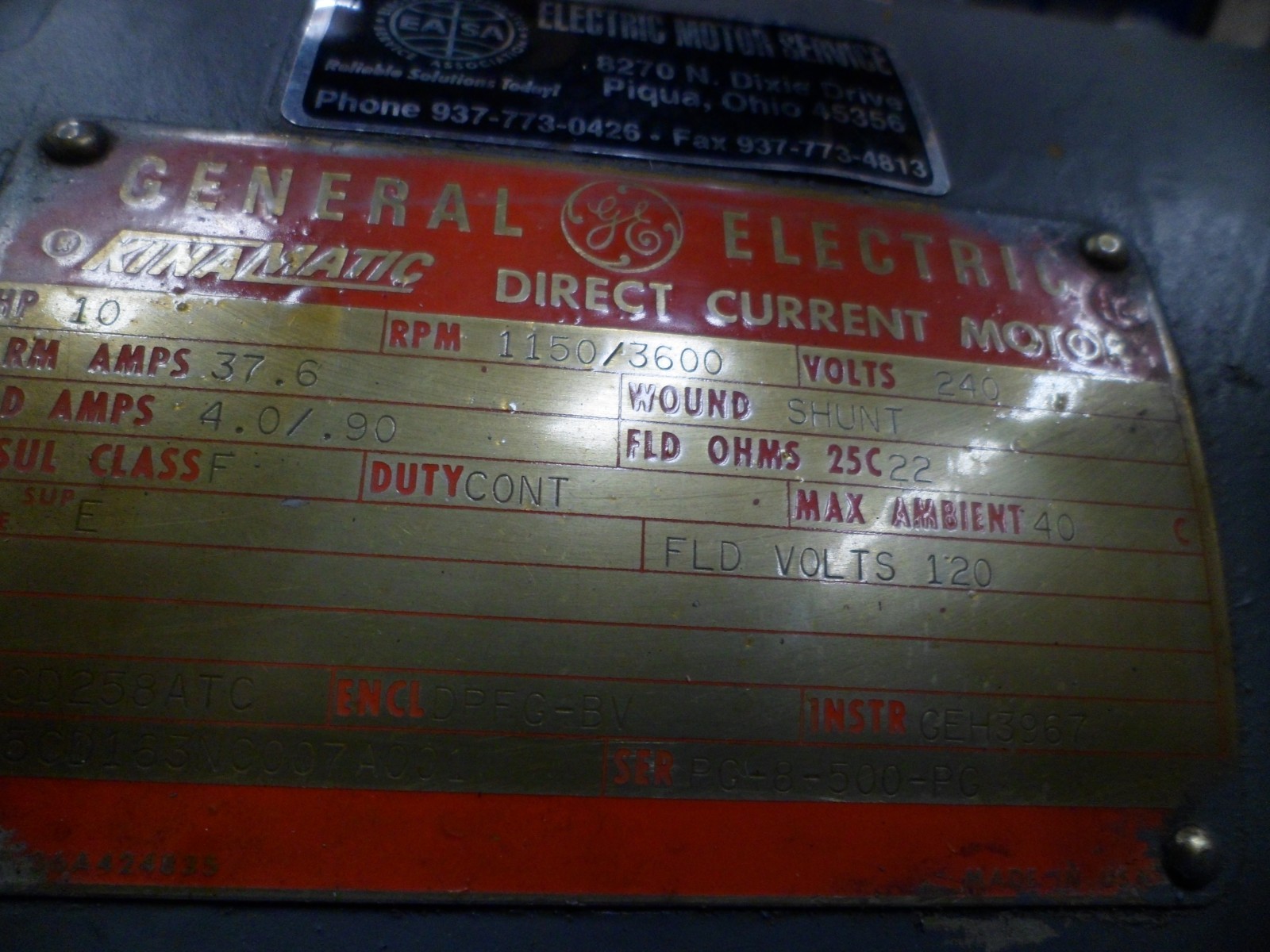 GENERAL ELECTRIC KINAMATIC CD258ATC DIRECT CURRENT MOTOR 240V 3PH 1150/3600 RPM.