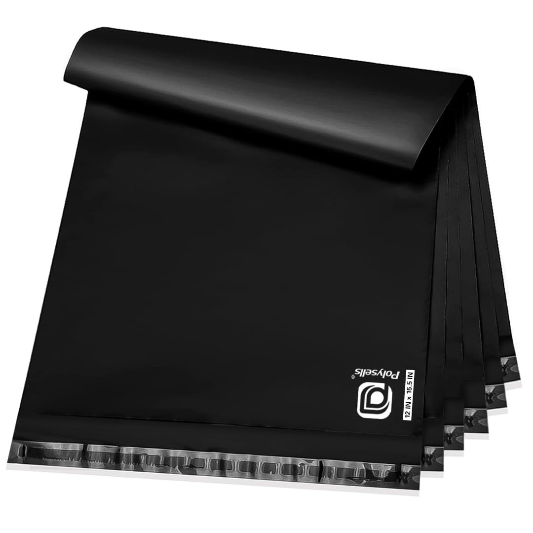 100 pcs 12×15.5 Inches Black Poly Mailers Shipping Envelopes, Strong Adhesive…