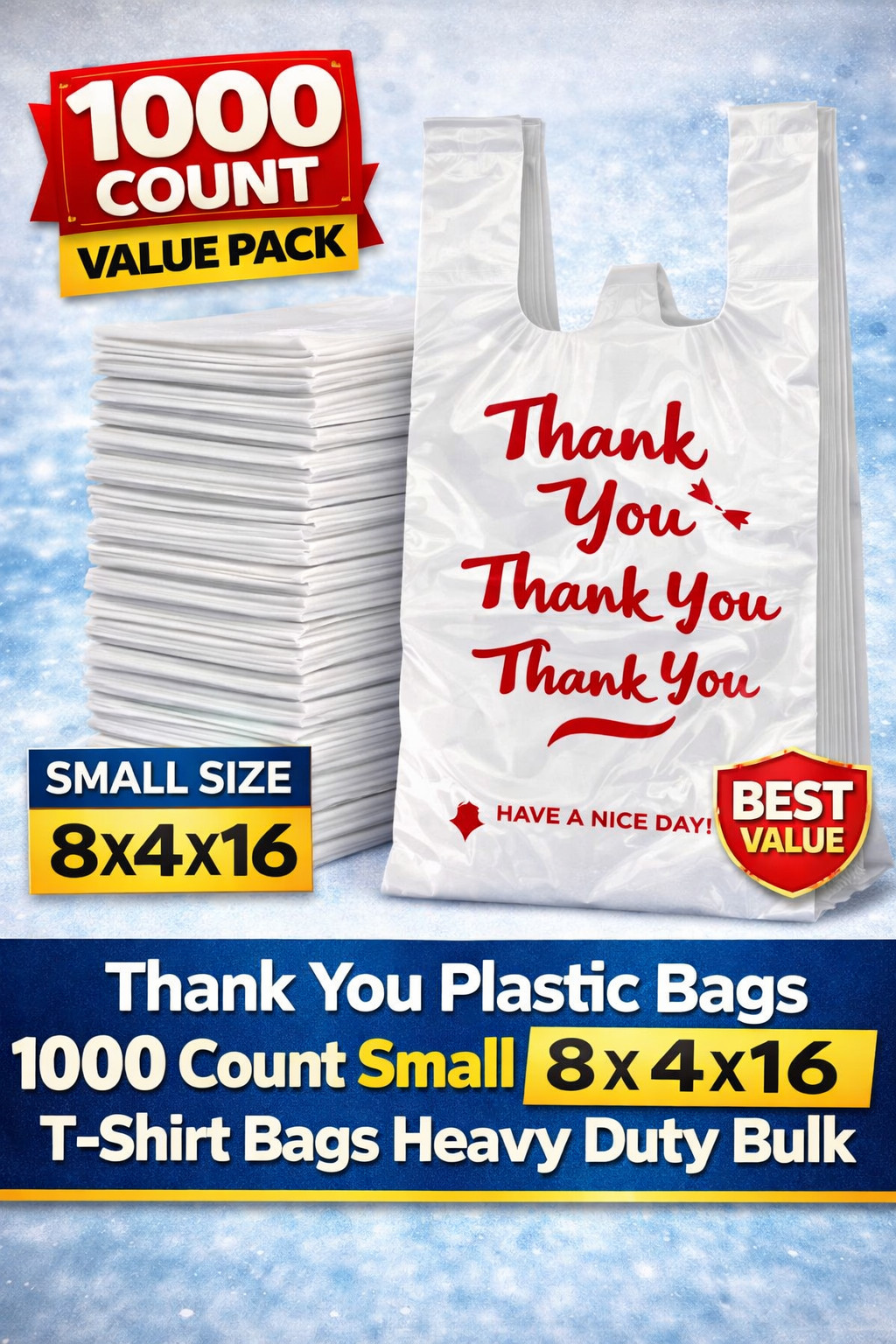 1000 Count Thank You Bags Small 8x4x16 T-Shirt Plastic Bags Bulk Heavy Duty