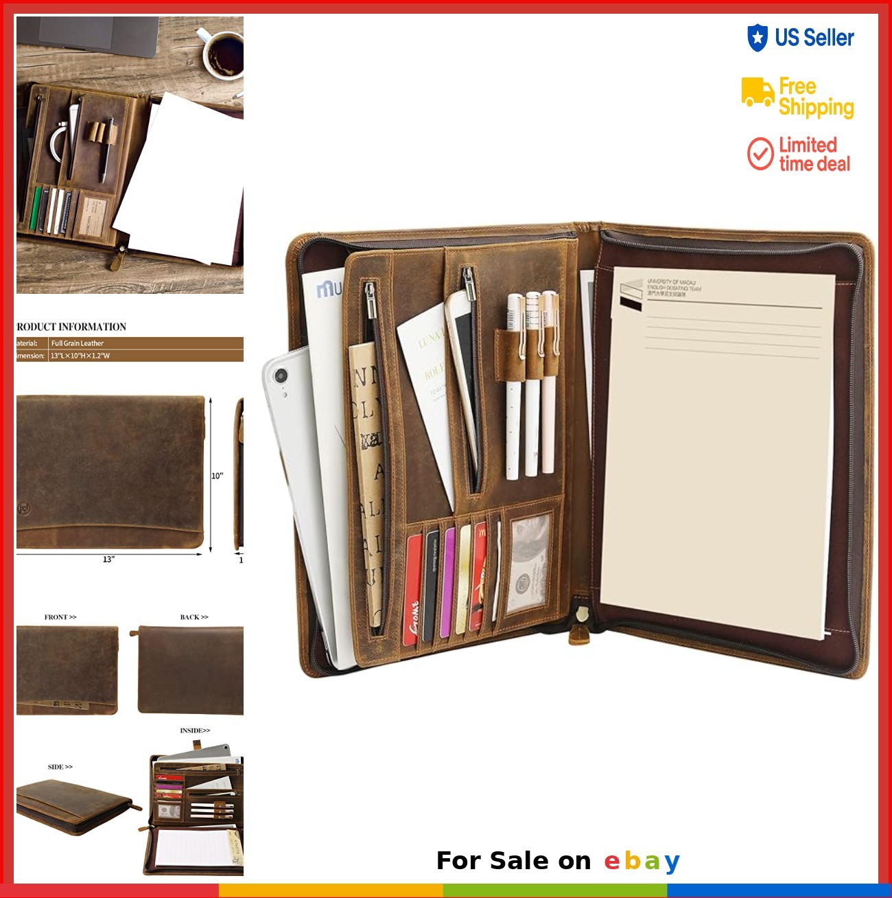 Leather Portfolio Organizer with Zipper 10×13 Inches Padfolio Business Notebook
