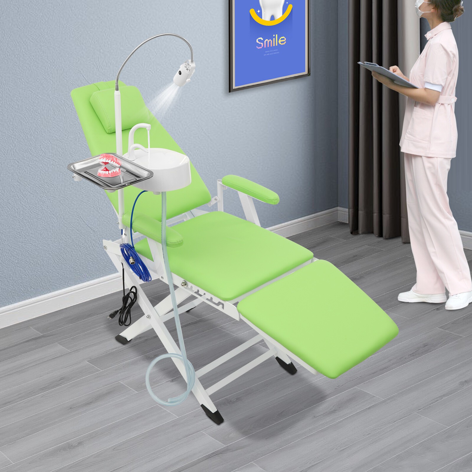 Portable Dental Chair Mobile Folding Chair Exam Chair w/Spittoon/LED Light/Hose