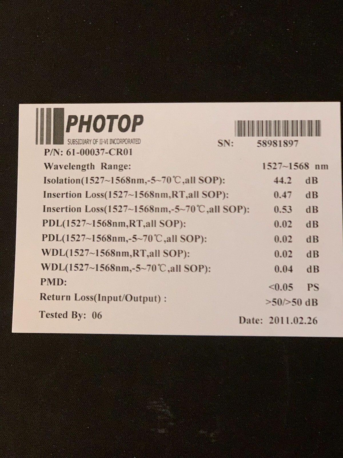 Photop C-band Mini Dual Stage Fiber Isolator Dimension 3 (d) x 25 (L) mm
