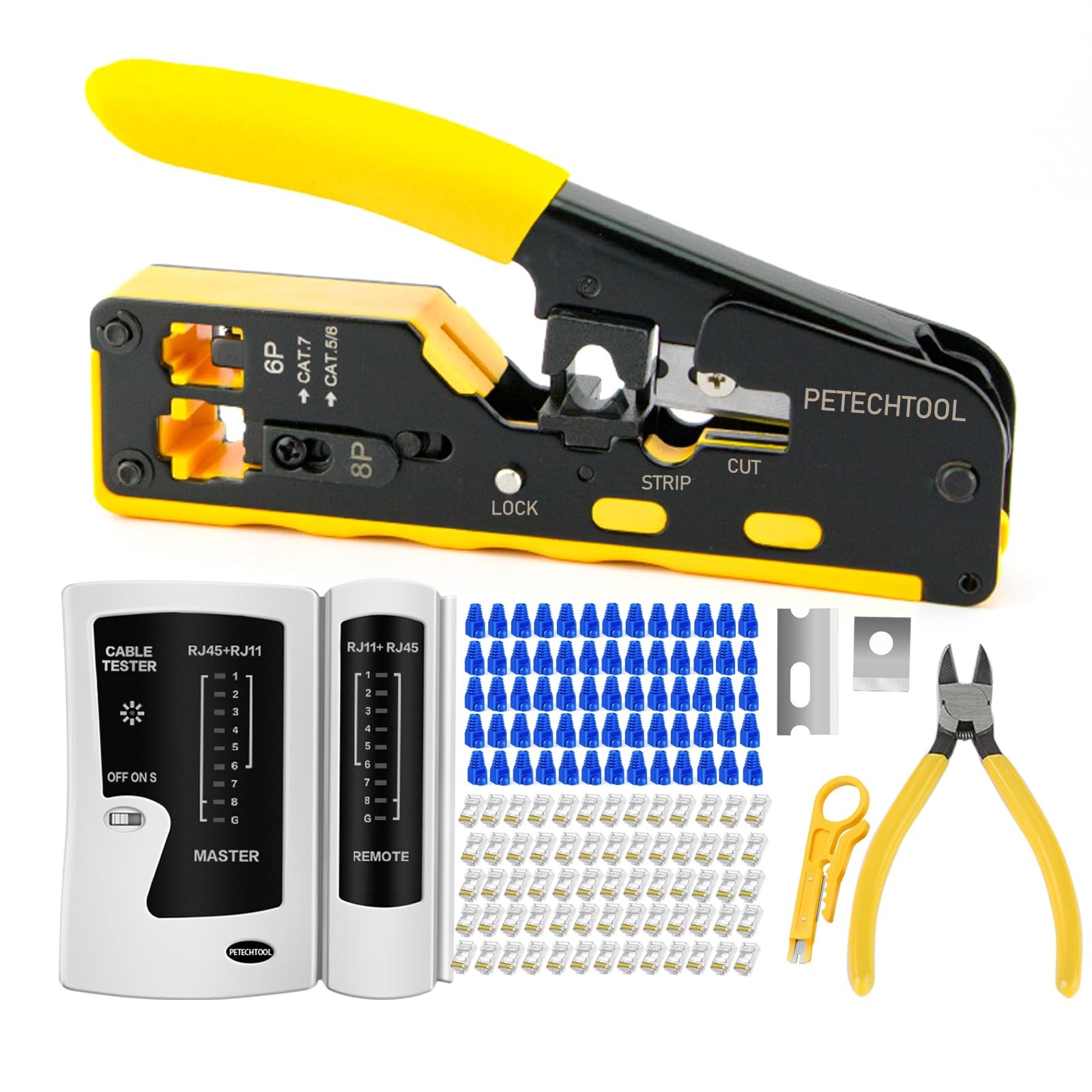 RJ45 Crimp Tool Pass Through Cat7 Cat6 Cat5 Crimping Tool with 50-Pack Cat6 R…