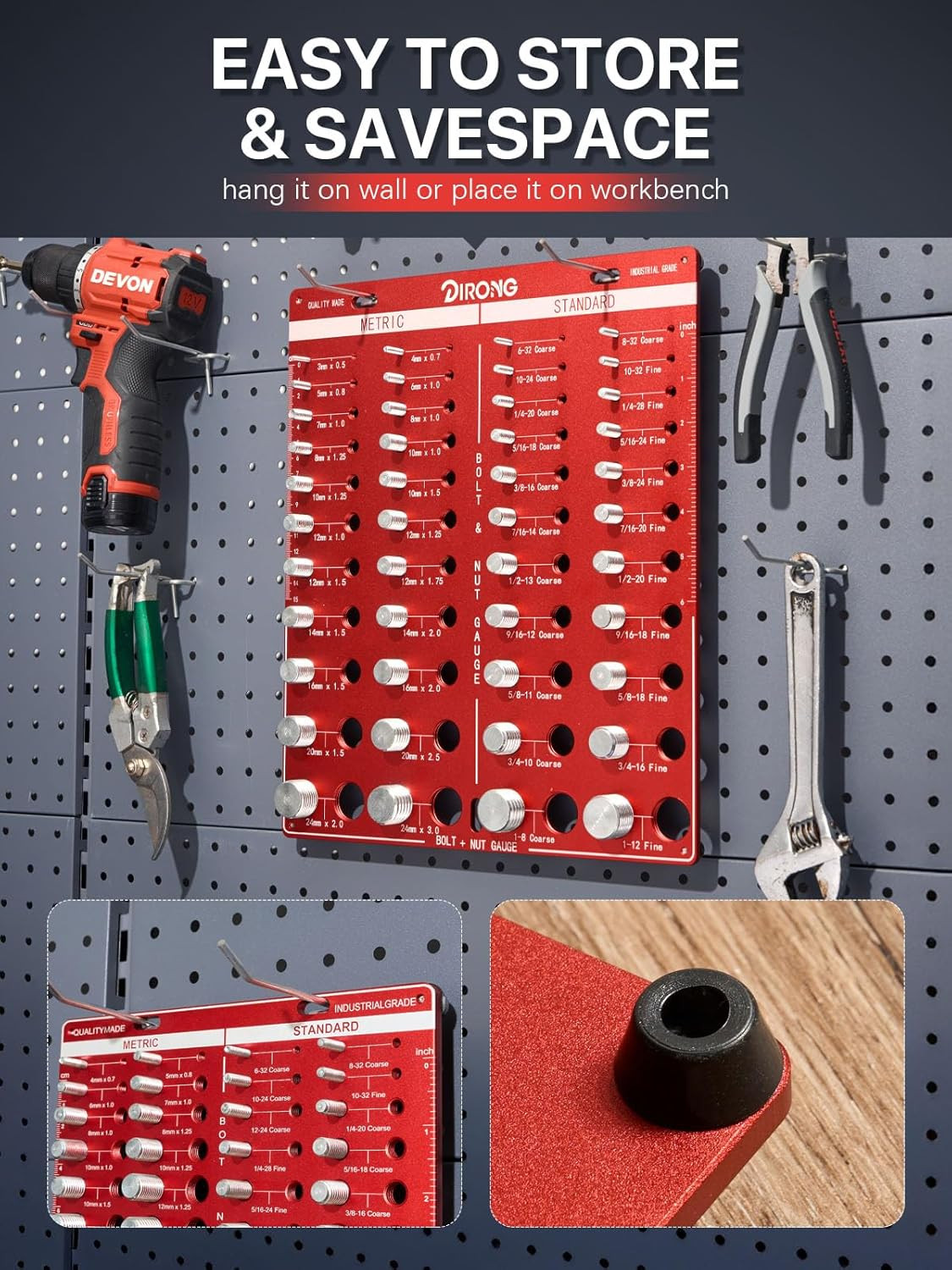 Thread Pitch Gauge & Bolt Size Checker Metric SAE Wall Mount Aluminum