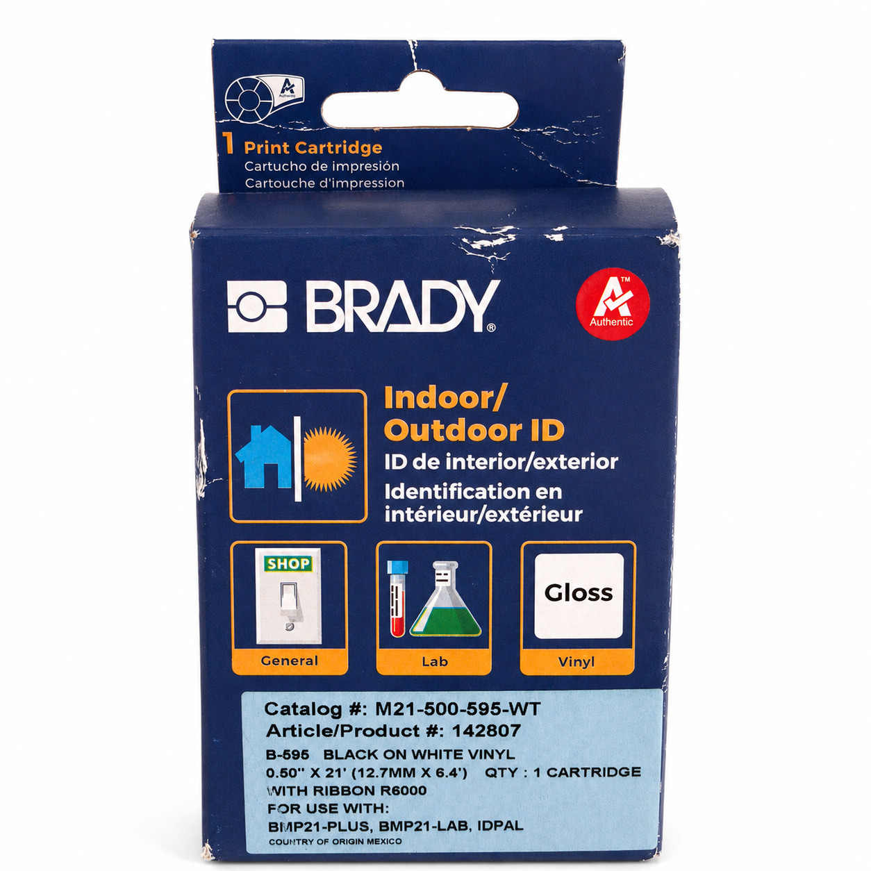 Brady M21-500-595-WT B-595 Vinyl Label Tape 1/2in x 21ft Black/White