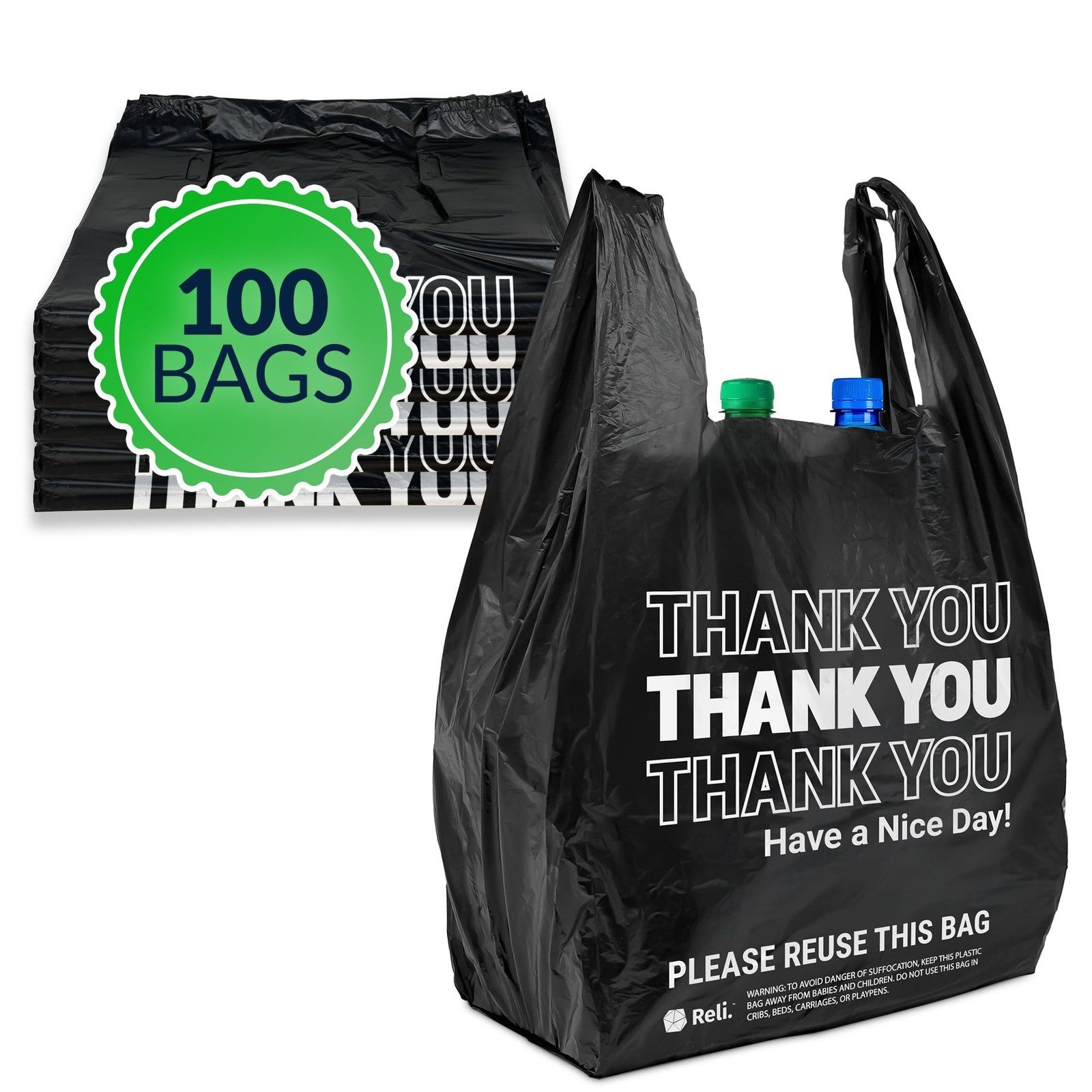 Reli. Thank You Plastic Bags | 100 Pack | (11.5″ x 11.5″ x 6.5″ x 21″, Black