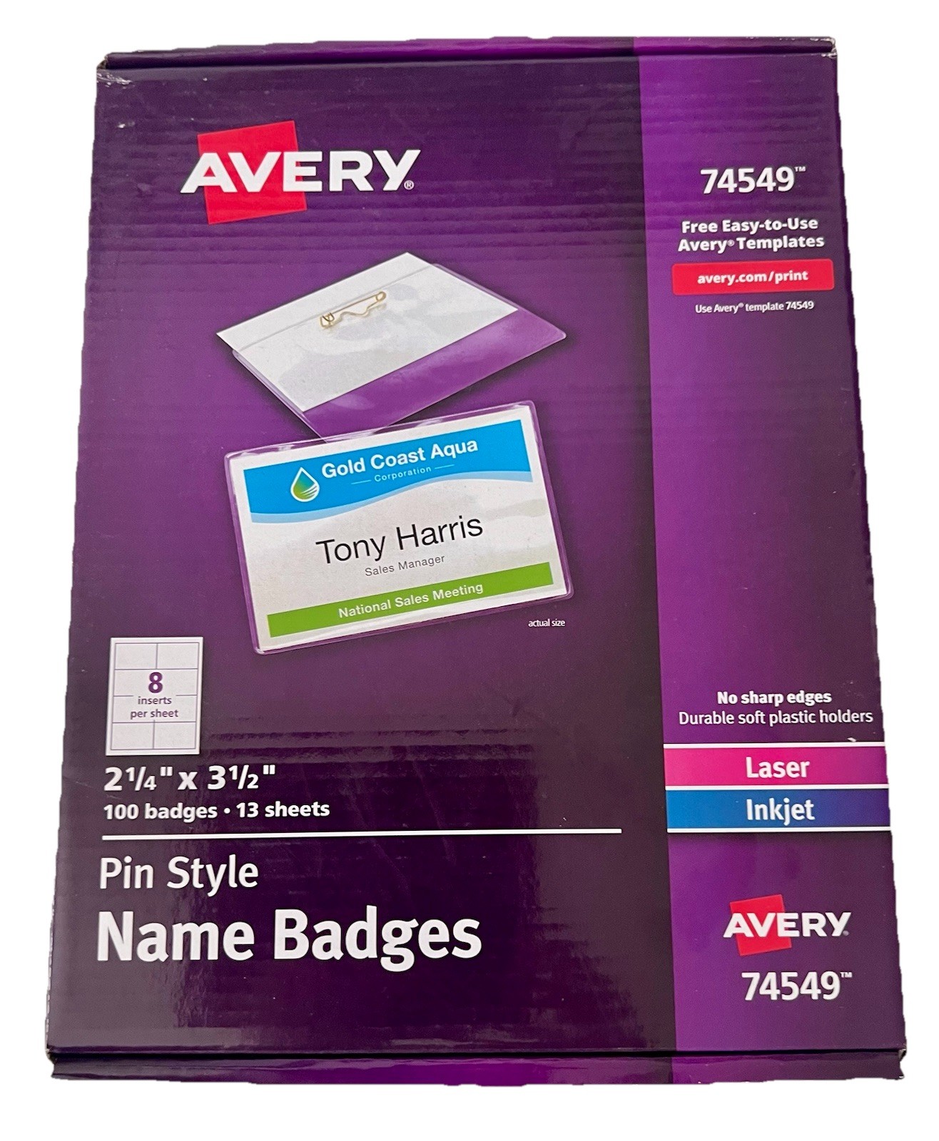 Avery 74549 Pin Style Top-Loading Name Badges 2.25 x 3.5 Inches White Box/100