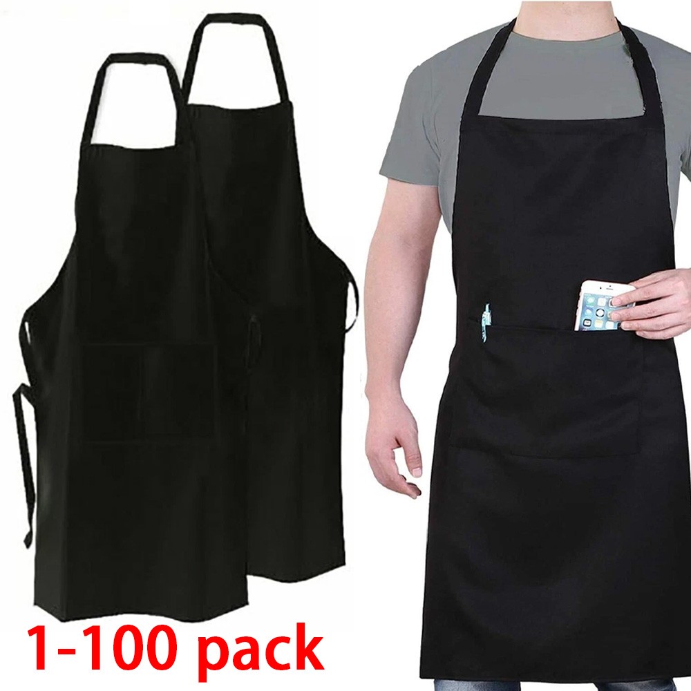 1-100X Unisex Black Bib Aprons with 2 Pockets for Chef Waiter Kitchen Restaurant