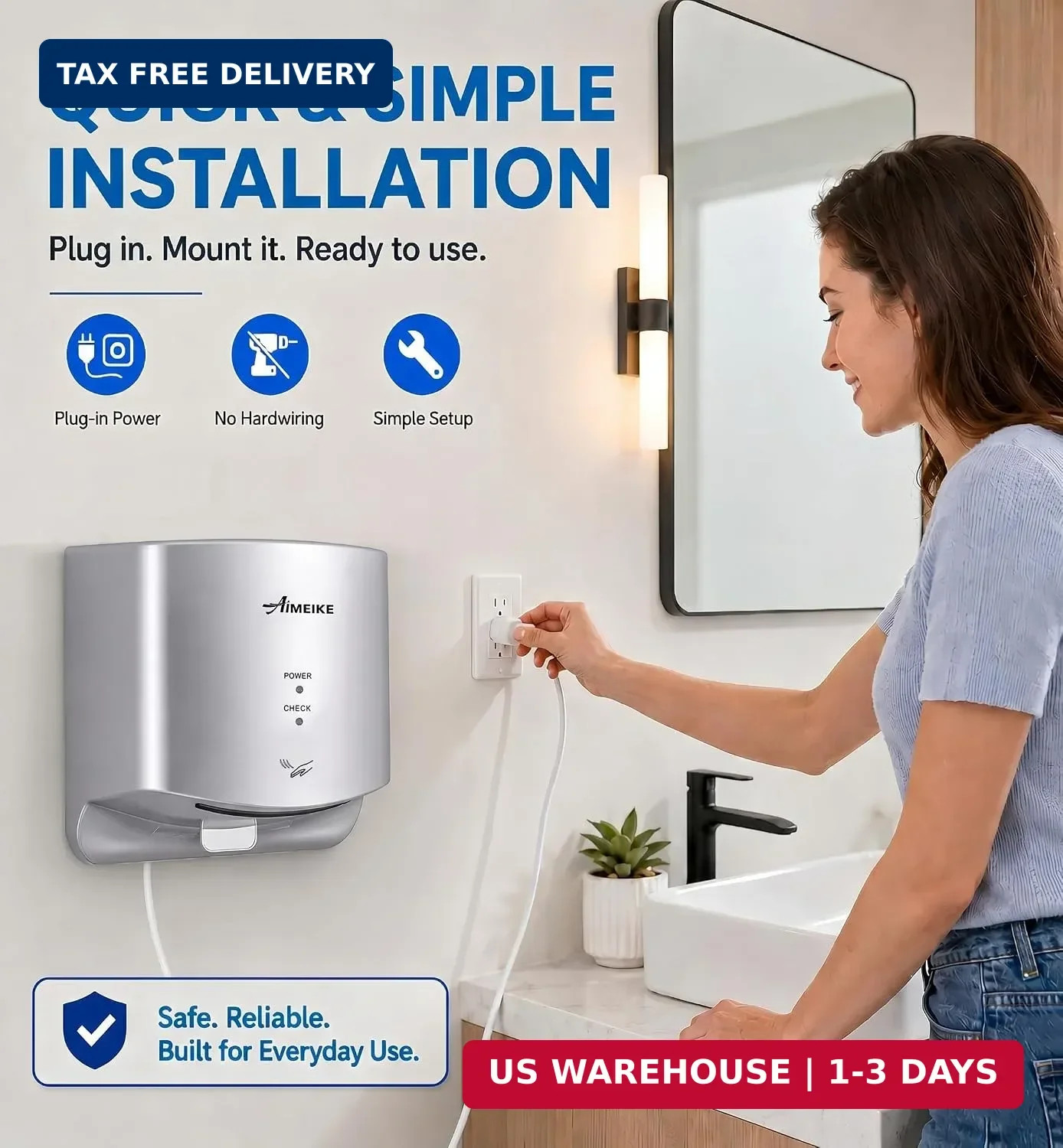 Automatic Commercial Hand Dryer, 110V 1300W High Speed Wall Mounted Hand Dryer f