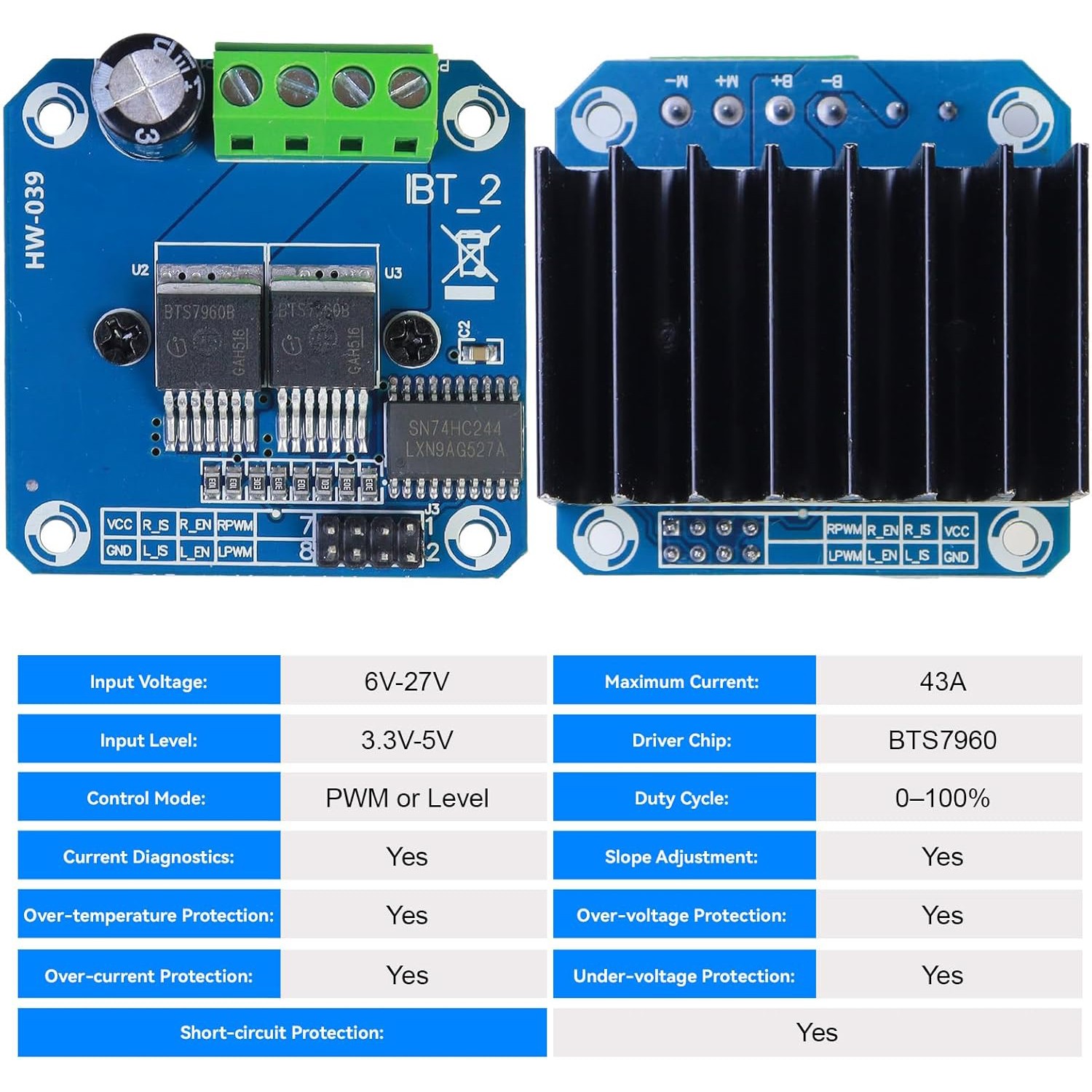 2PCS Semiconductor BTS7960B Motor Driver 43A H-Bridge Drive PWM For Arduino NEW
