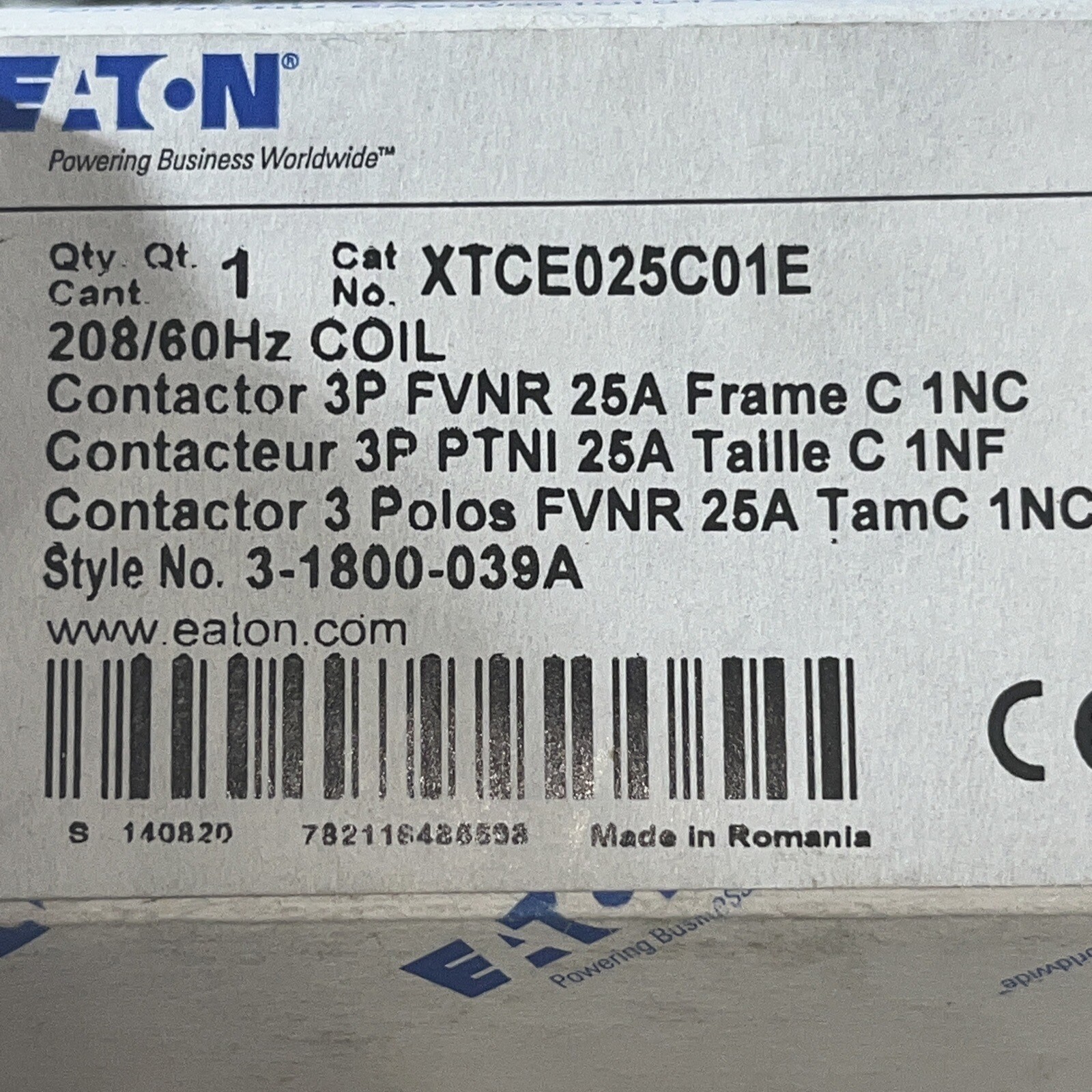 Eaton XTCE025C01, DIL M25-01, 208/60HZ, 3pol, Contactor, New Open Boxes