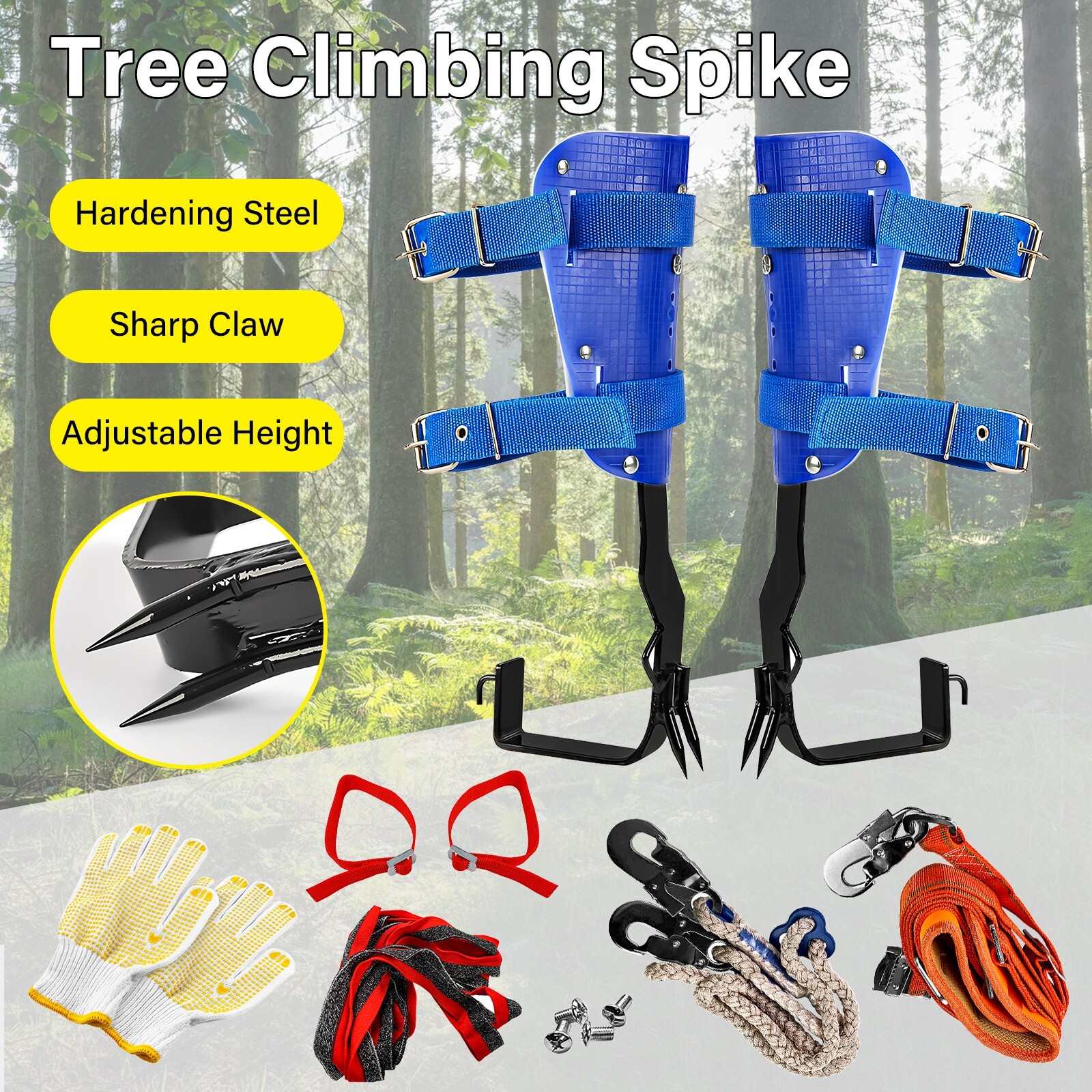 Tree Spikes Adjustable Height Pole Tree Climbing Spurs Steel w/2 Climbing Gear