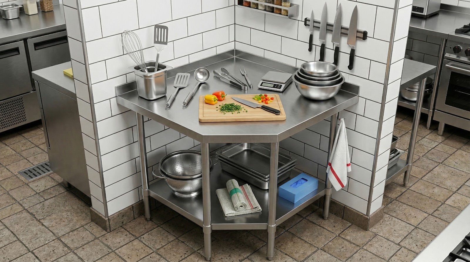 24″ x 24″ x 35″ Corner Stainless Steel Work Table with 1.5″ Backsplash