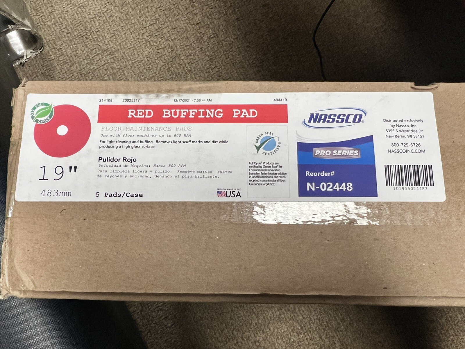 NASSCO PRO SERIES RED BUFFING FLOOR PAD, 19″ 5/Cs