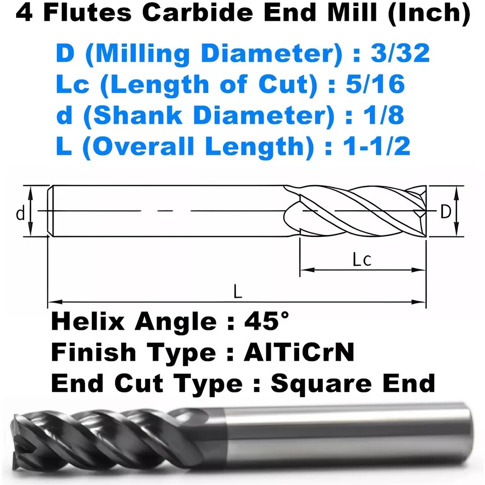 5 PCS 3/32″ 4 Flutes Square 45° Helix Carbide End Mill Bit AlTiCrN Coated HRC 50