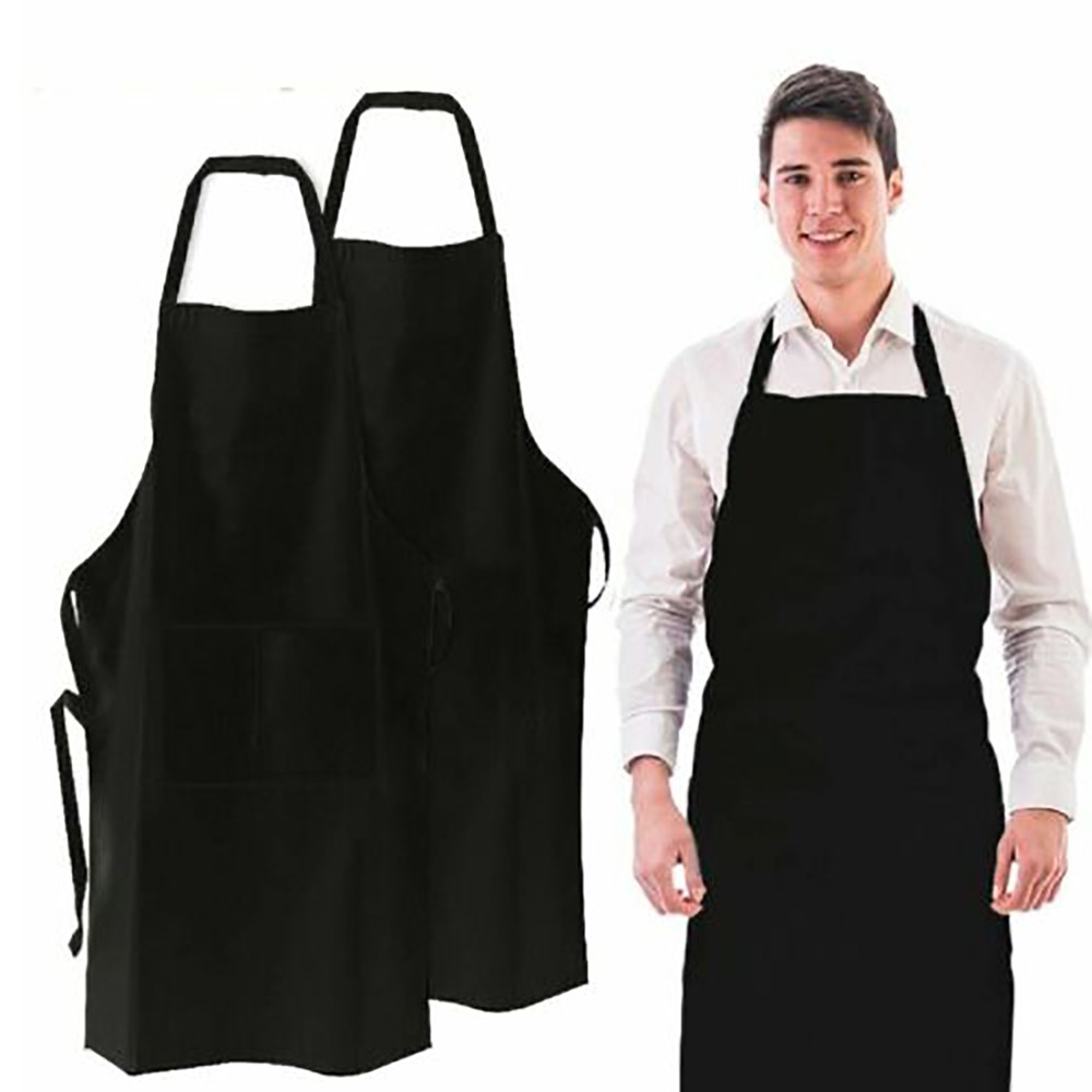 1-100X Unisex Black Bib Aprons with 2 Pockets for Chef Waiter Kitchen Restaurant