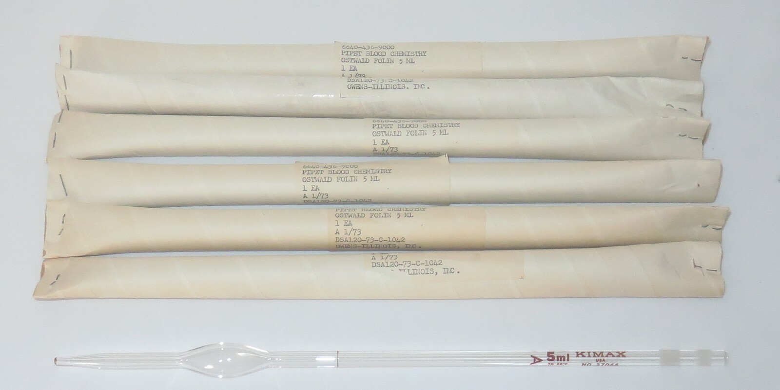 6 New Owens- Illinois 37044 Ostwald-Folin 5 mL Blood Chemistry Glass Pipettes