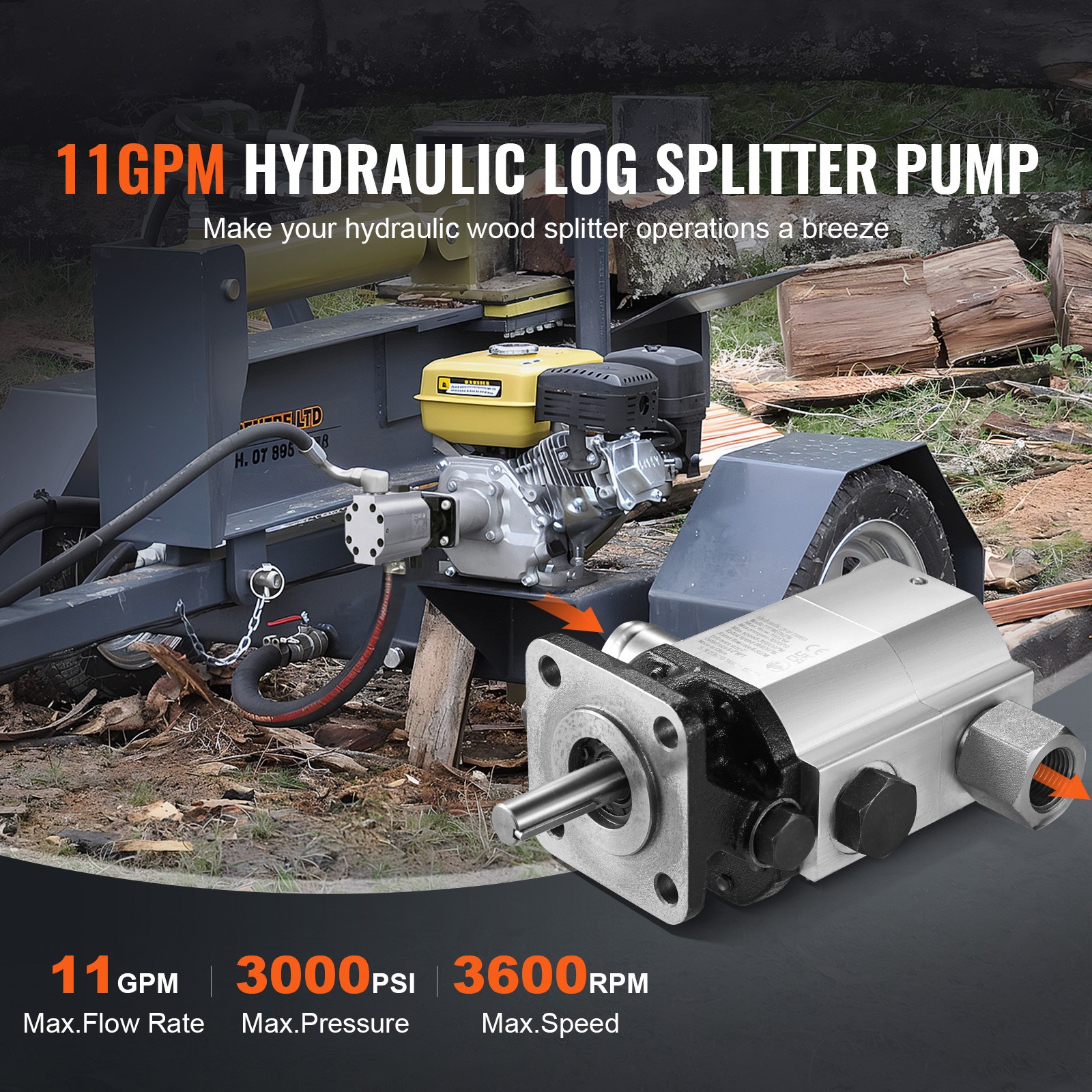 VEVOR Hydraulic Wood Log Splitter Pump 11GPM 2 Stage 3000PSI Hydraulic Gear Pump