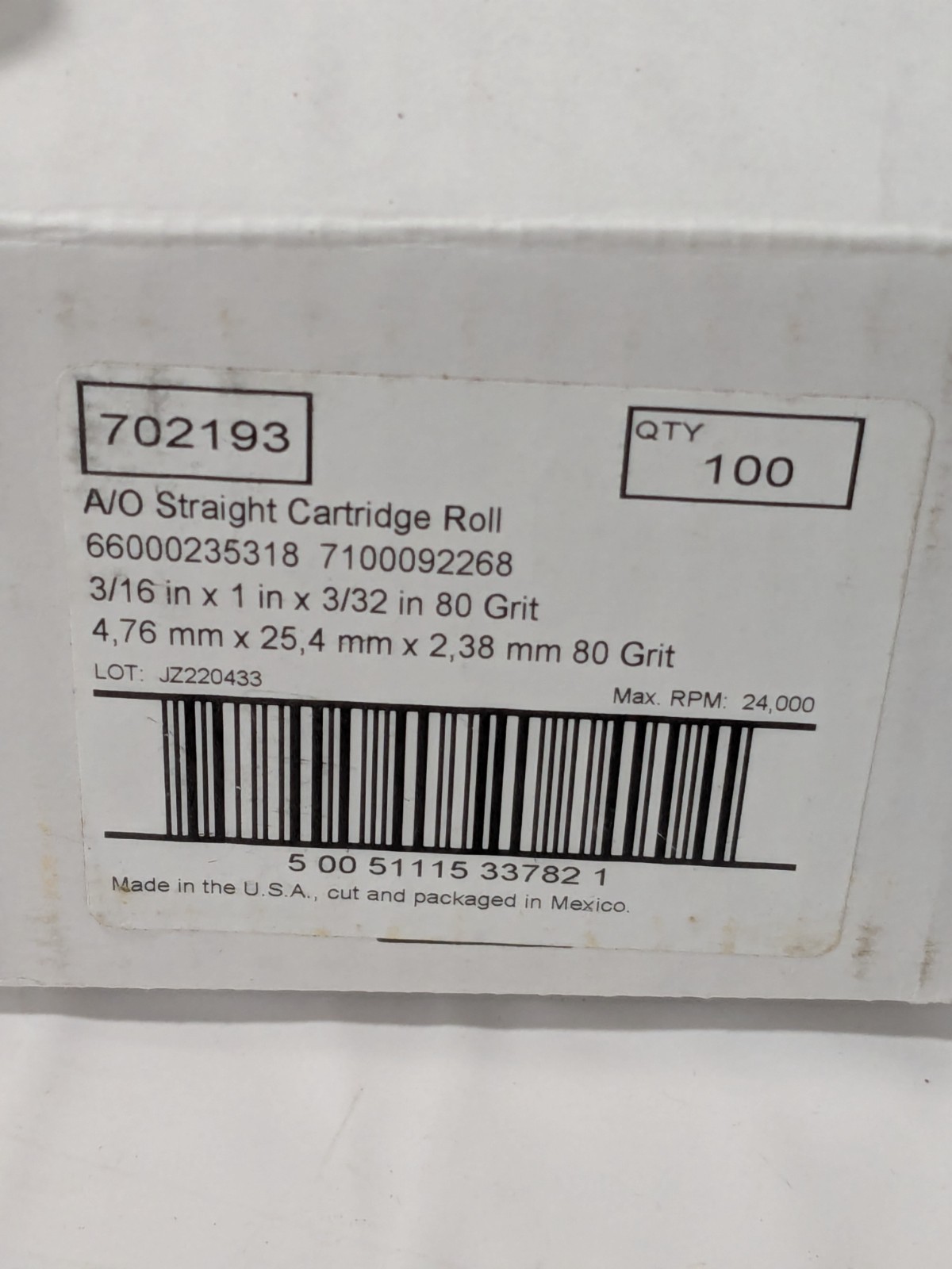 (100) SA Straight Cartridge Roll: 3/16″ Dia, 80 Grit, Aluminum Oxide 7100092268