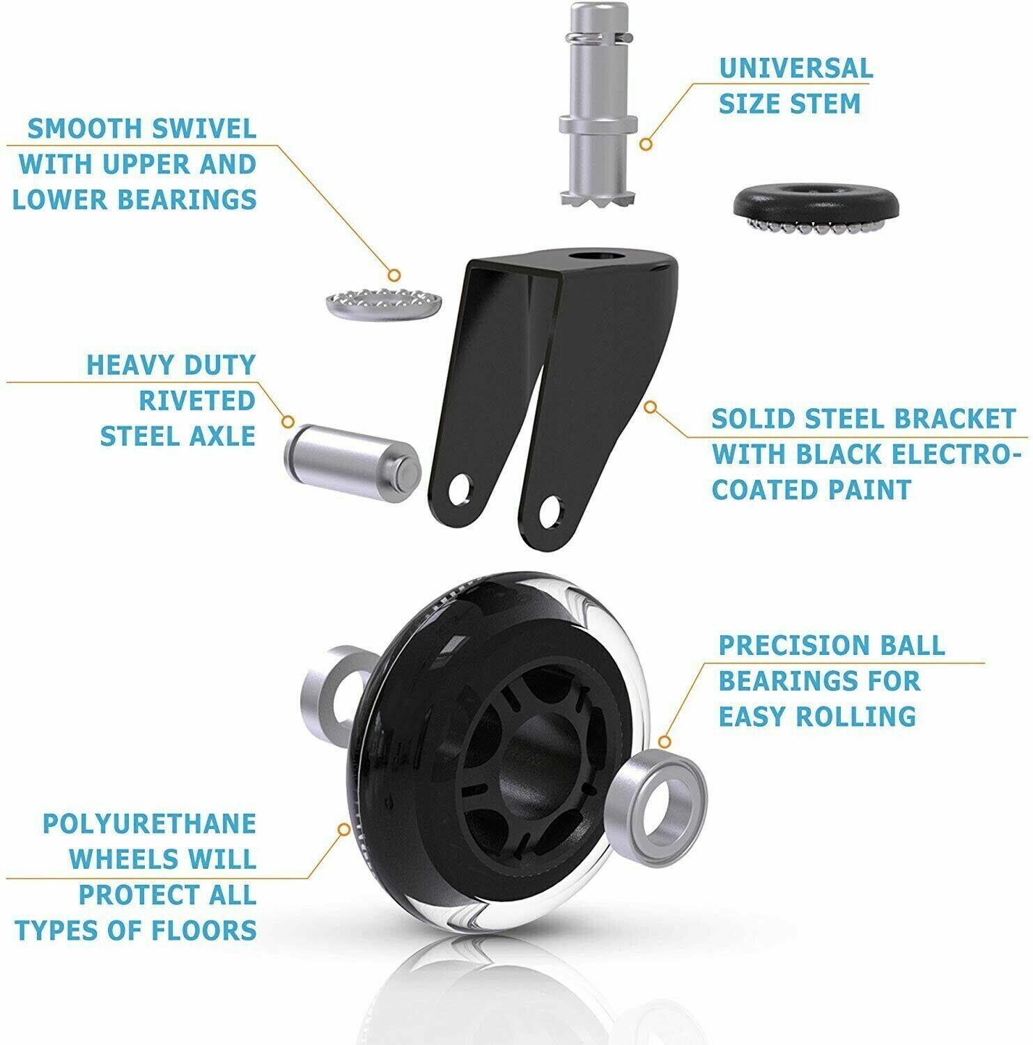 Universal Office Chair Caster Wheels Set of 5 Heavy Duty and Safe 3″ Rollerblade