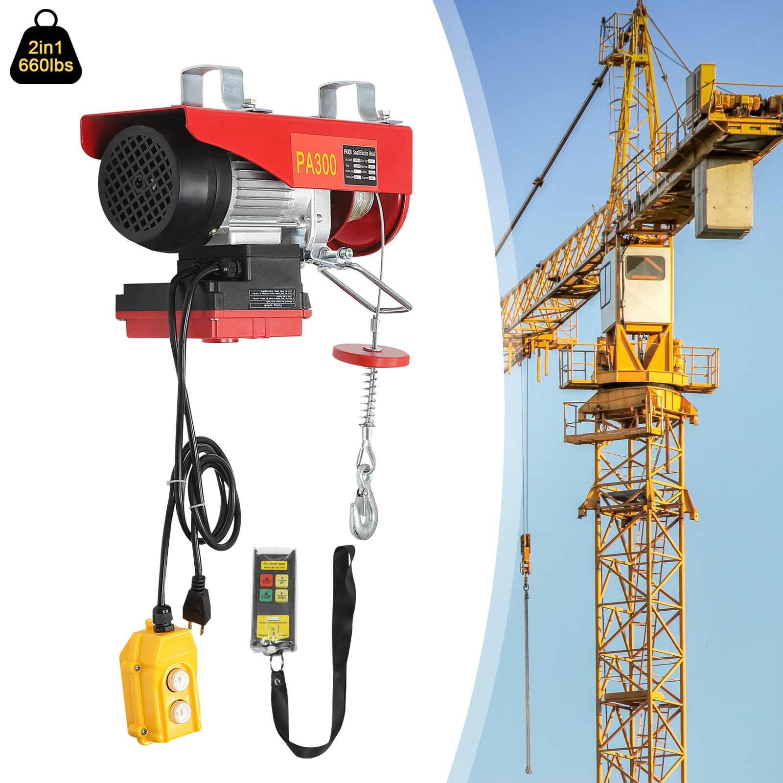 Electric Hoist 660LBS W/ Wireless Remote Control & Single/Double Slings Winch
