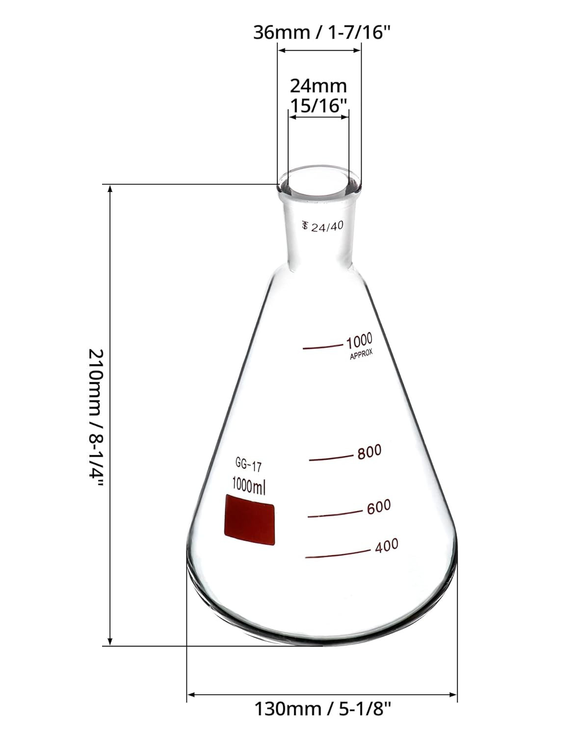 2 Pack 1000mL Borosilicate Erlenmeyer Flasks 24/40 Outer Joint Lab Glassware Set