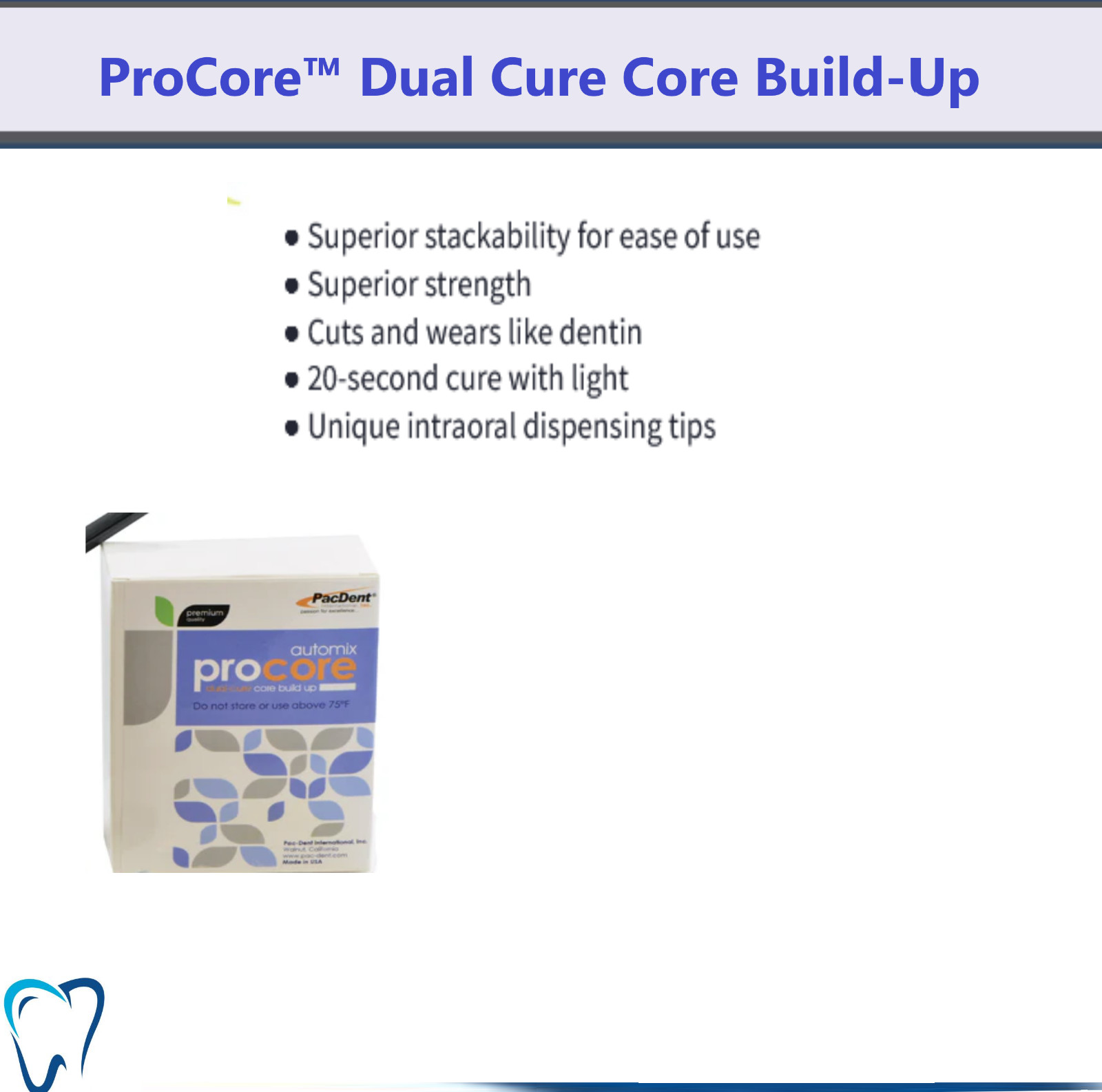 Dental Core Material PacDent Core Buildup ProCore A2, 1 x 50ml & 10 HP Mix Tips