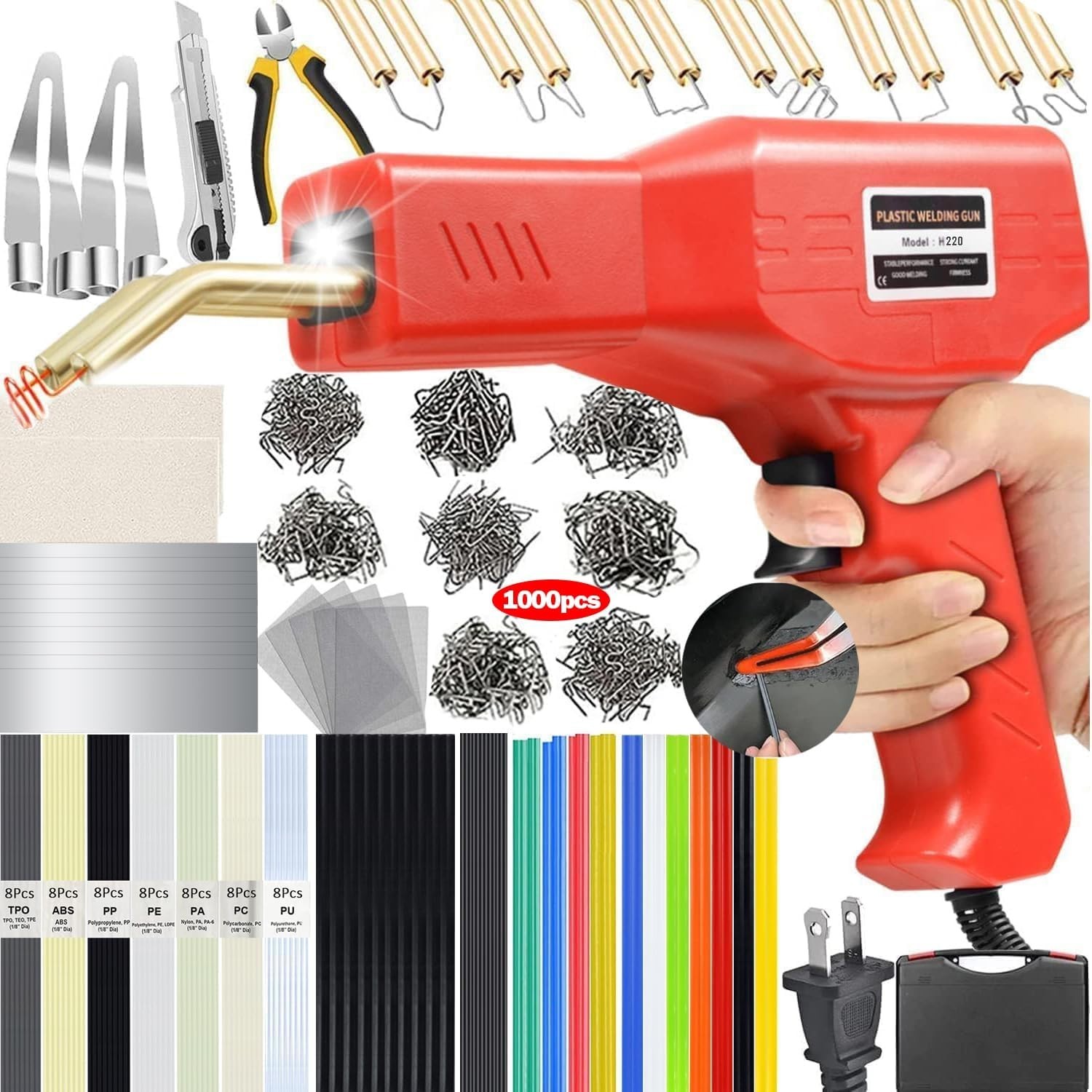 220W Plastic Welder Kit Hot Stapler Soldering Gun 1000 Staples Car Bumper Repair