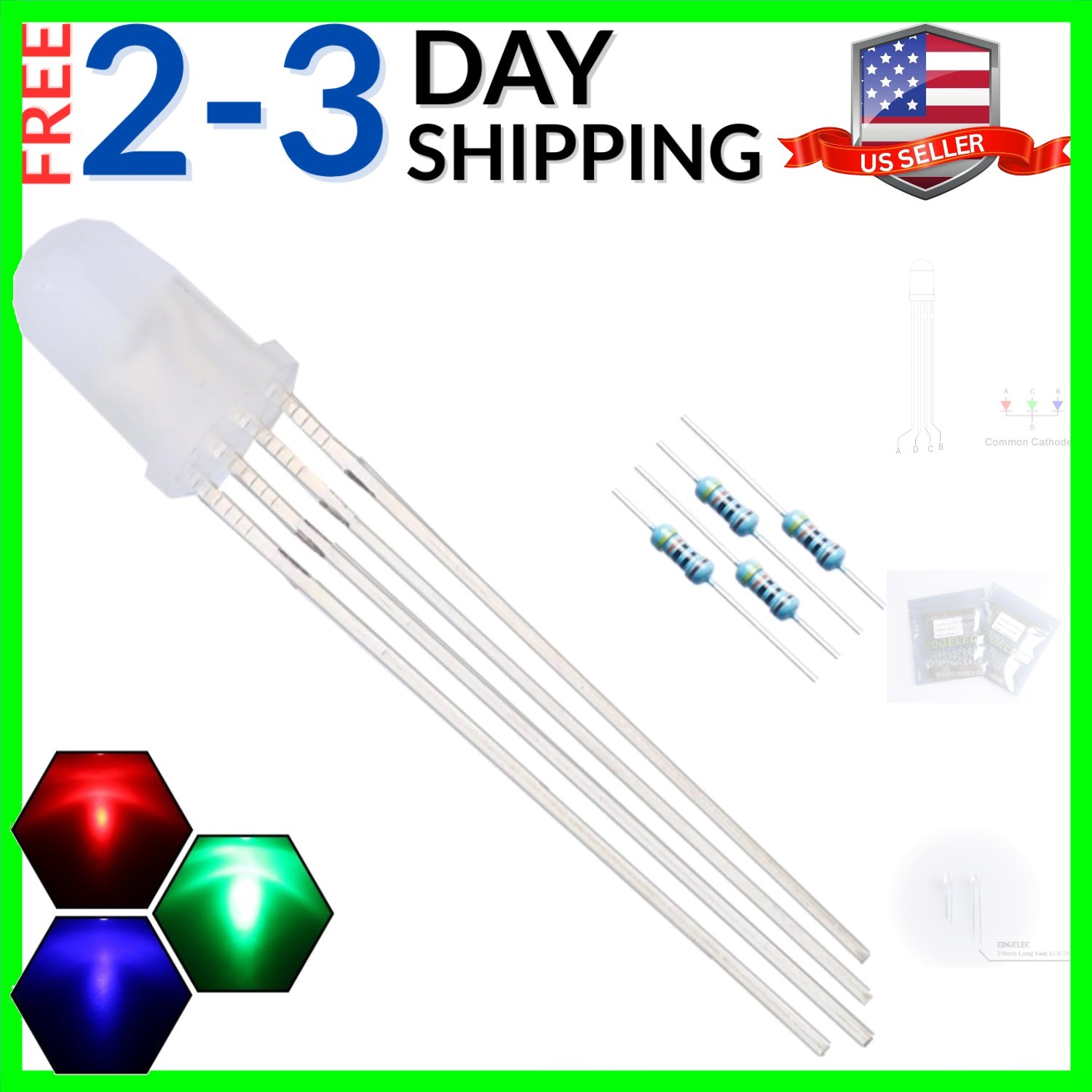 100pcs 5mm RGB Tri-Color Red Green Blue Multicolor 4Pin LED Diodes Common Cat…